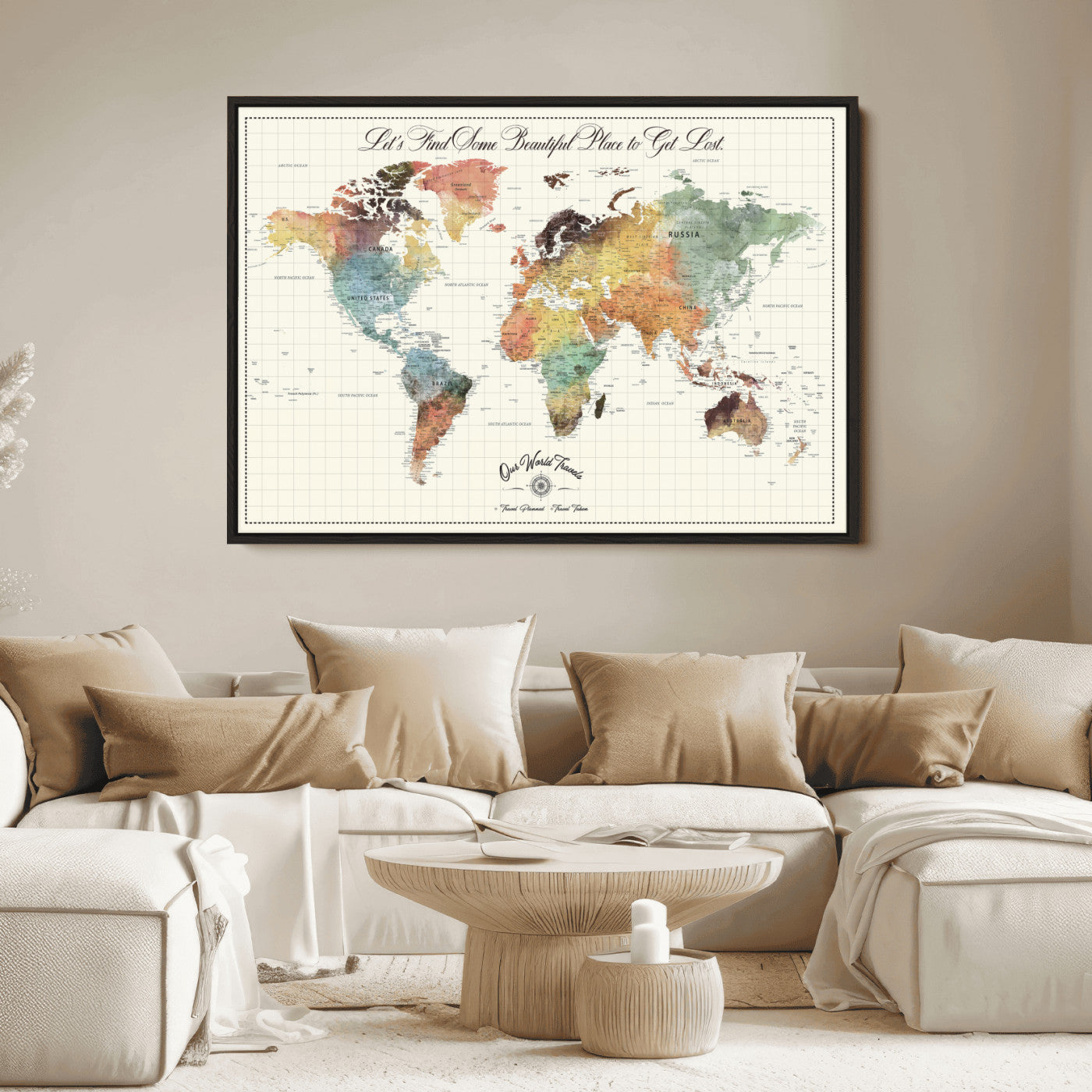 -Personalized Push Pin World Map Canvas Print – Custom Adventure Travel Tracker Map, Framed Wall Art Gift for Couples or Family