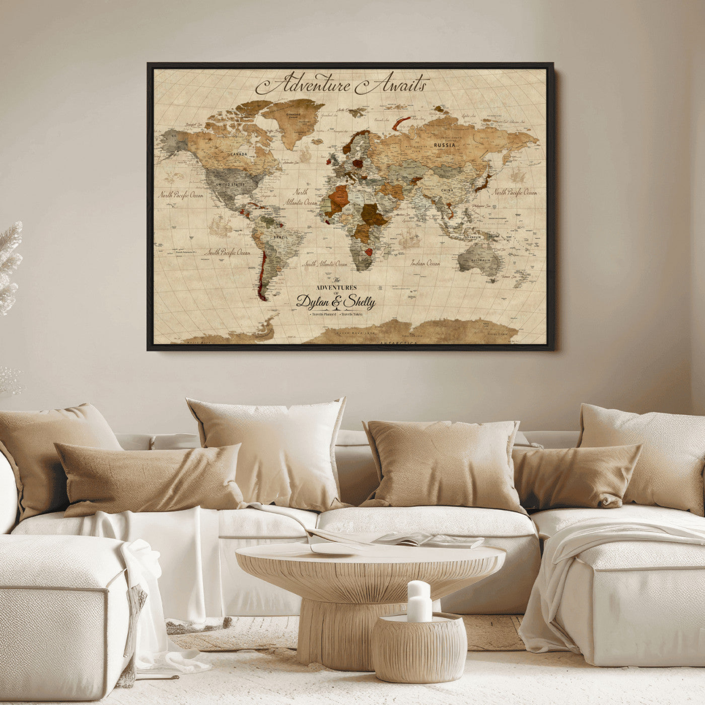 Rehber01-MGV-CV-36X24-Personalized World Map Canvas – Custom Framed Push Pin Travel Map Wall Art with Names, Vintage Style Gift for Couples