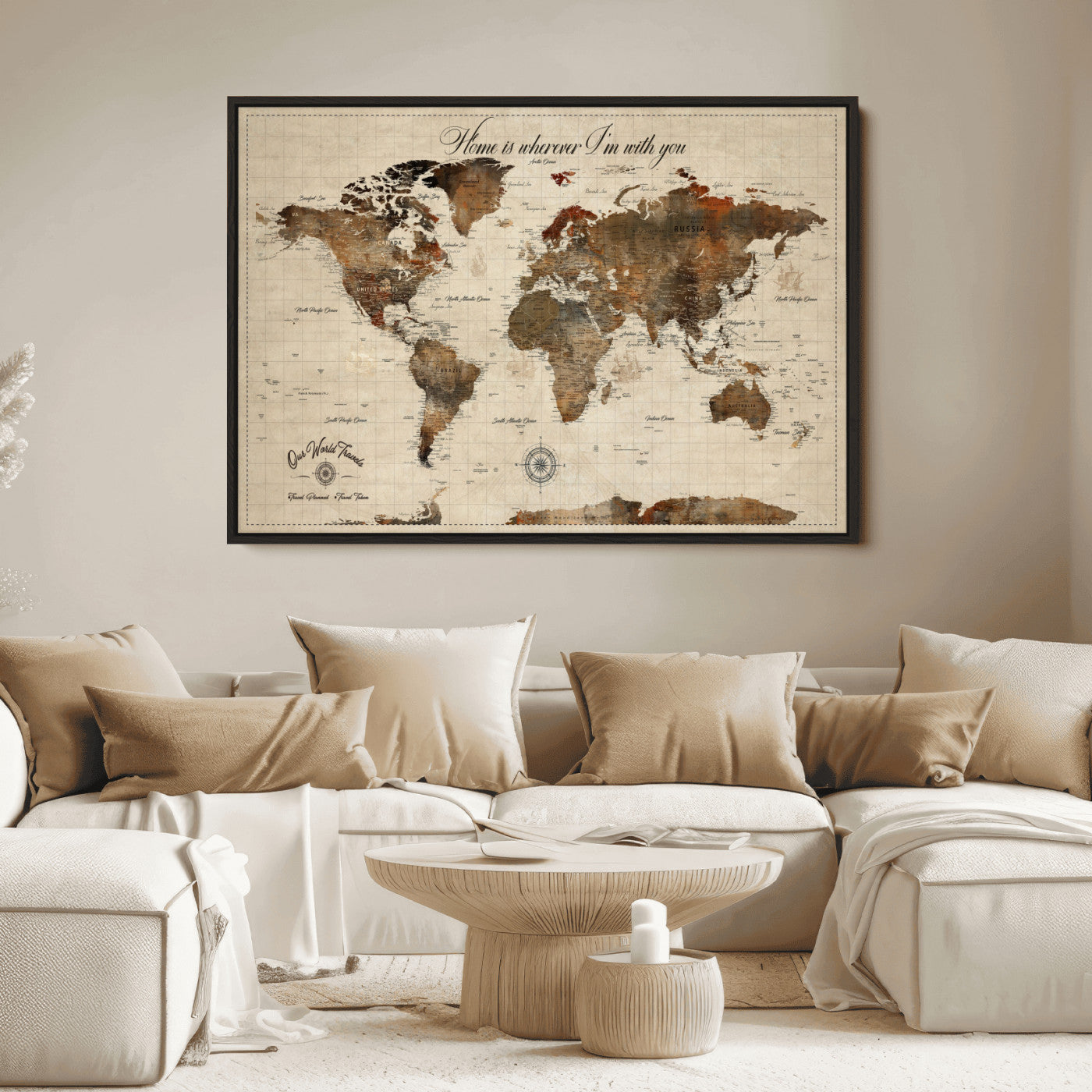 Rehber01-MGV-CV-36X24-Personalized World Map Canvas Wall Art – Custom Framed Push Pin Travel Tracker Print, Unique Gift for Home or Office Decor