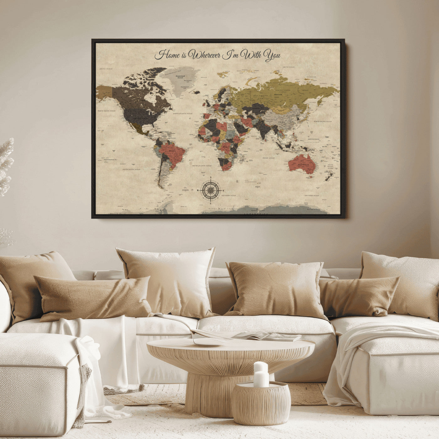 -Personalized World Map Wall Art Canvas Print – Customizable Push Pin Framed Travel Map Artwork for Home Office