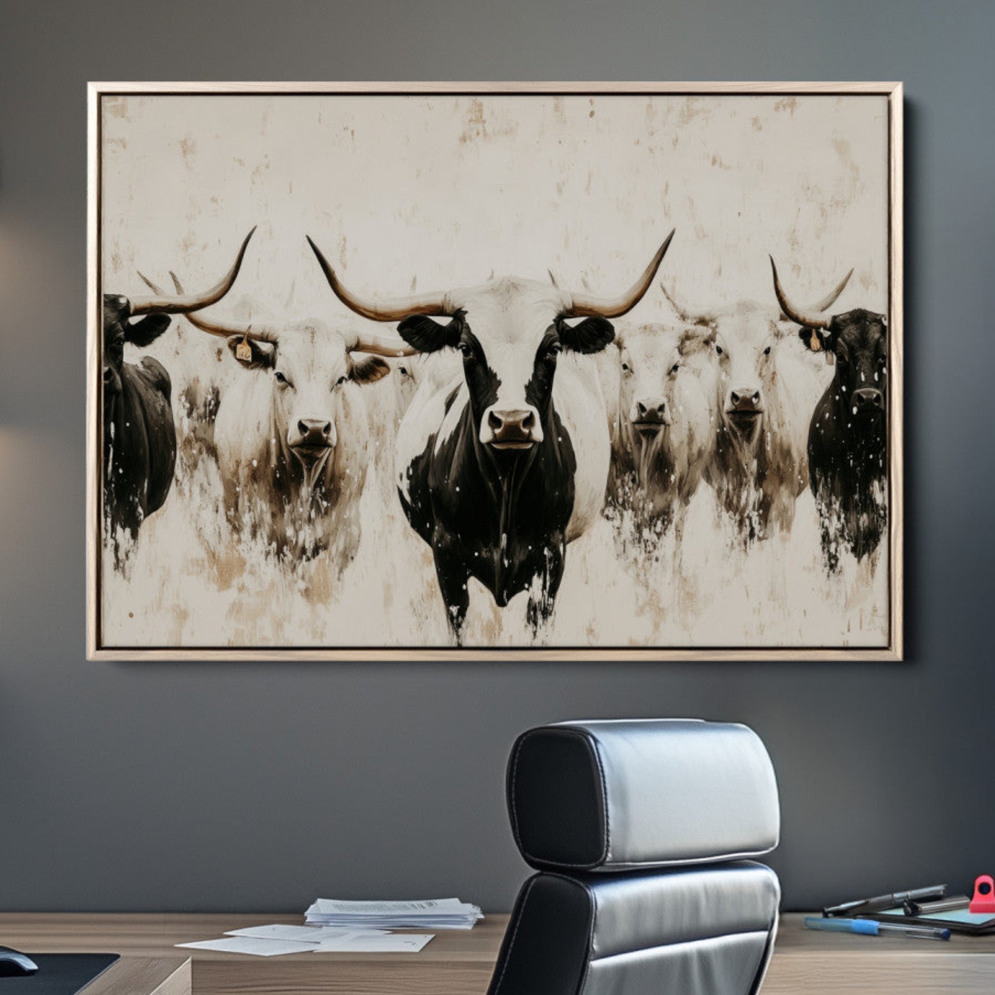 12027562-MGV-CV-36X24-Longhorn Cattle Wall Art Canvas Print – Framed Bison Herd Western Ranch Countryside Animal Landscape Artwork for Home Office