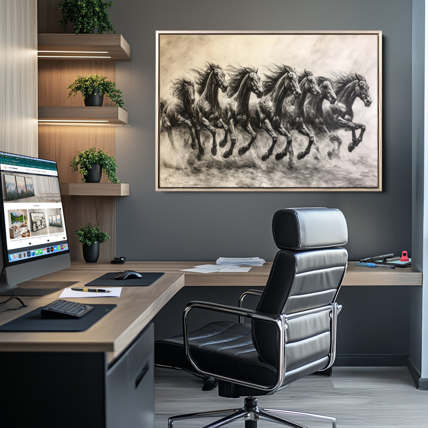 -Galloping Horses Wall Art Canvas Print, Framed Wild Stallions Art Picture Print, Horse Herd Sketch