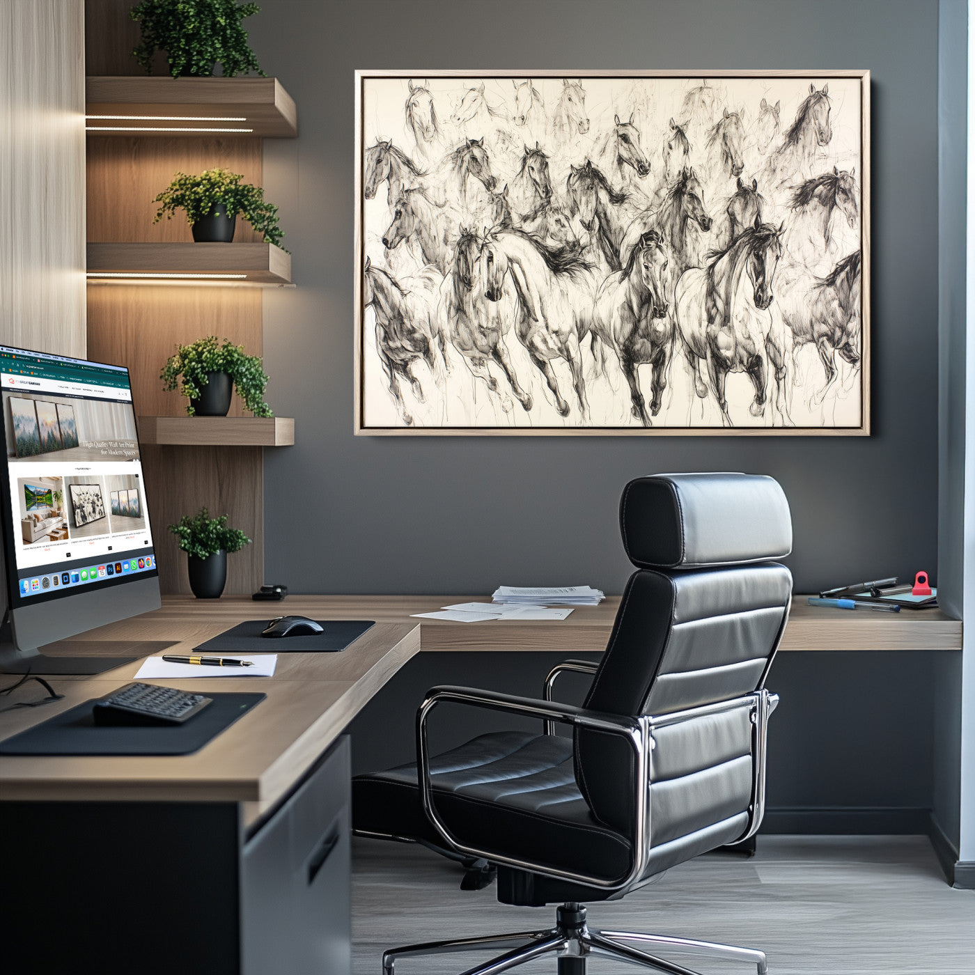19433417-MGV-CV-36X24-Running Horses Wall Art Canvas Print – Framed Galloping Herd Dynamic Equestrian Sketch Nature Artwork for Home Office
