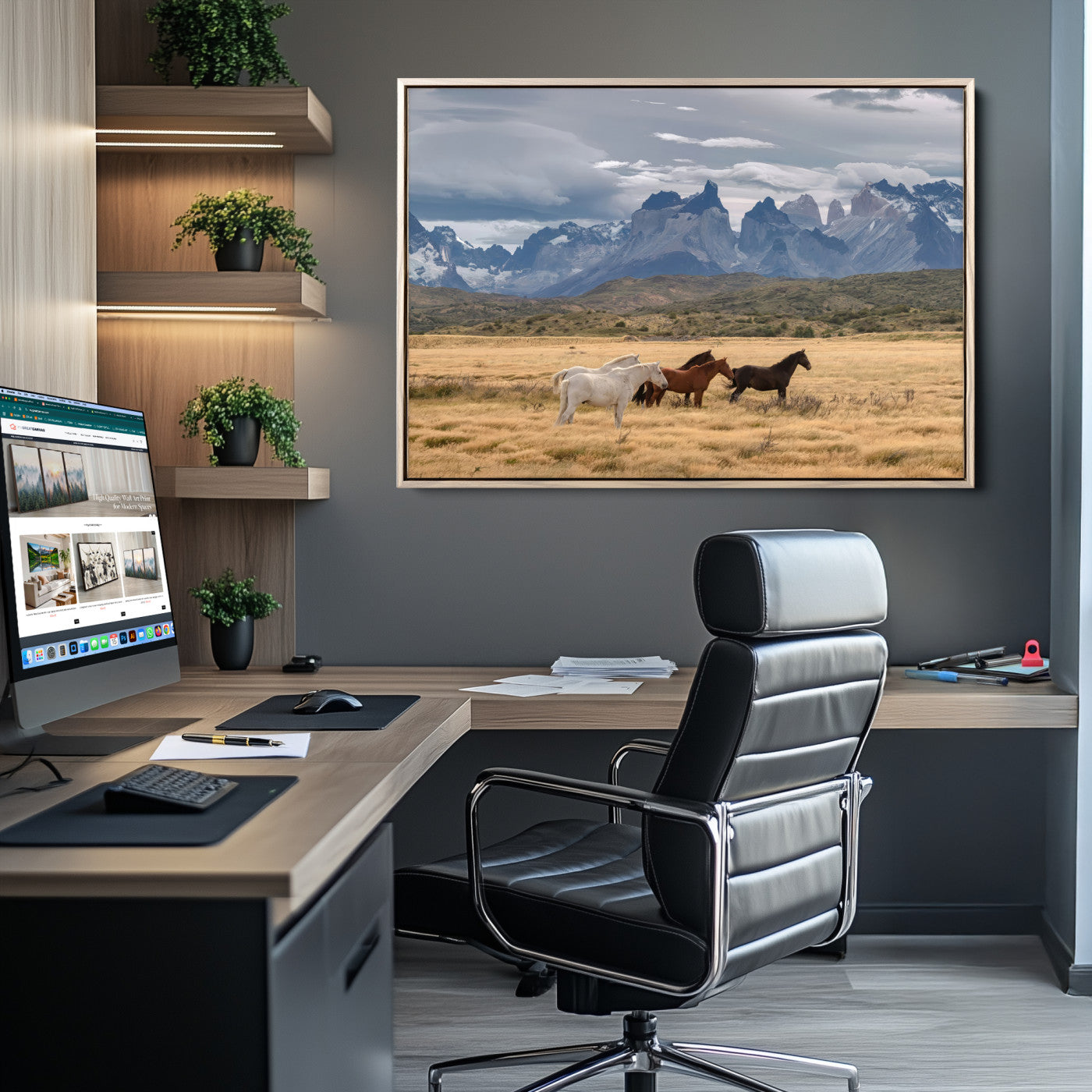 69960232-MGV-CV-36X24-Horses Grazing Wall Art Canvas Print – Framed Mountain Field Scenic Landscape Cloudy Sky Nature Artwork for Home Office
