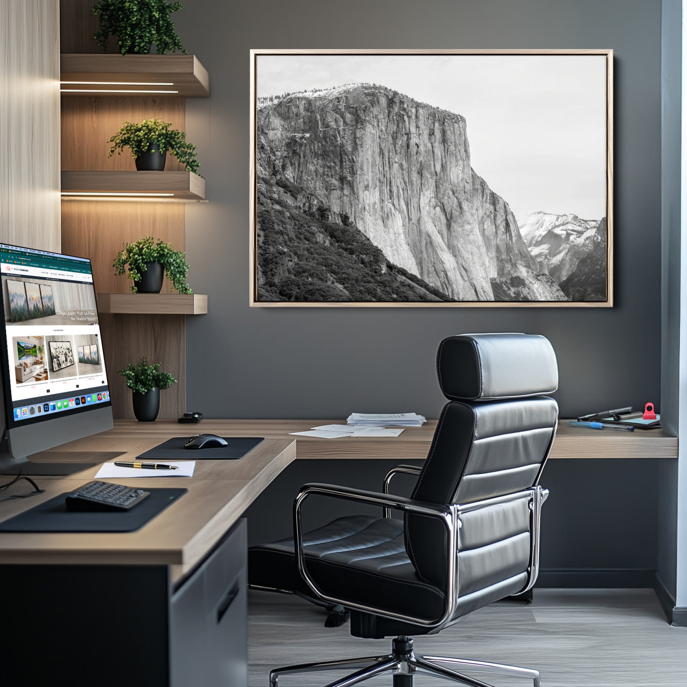 39393420-MGV-CV-36X24-El Capitan Wall Art Canvas Print – Framed Yosemite Cliff Monochrome Mountain Landscape Nature Artwork for Home Office