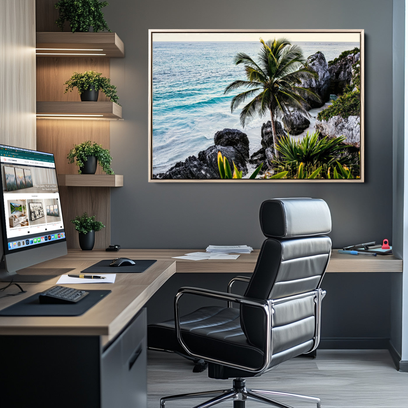 94669907-MGV-CV-36X24-Tropical Coastline Wall Art Canvas Print – Framed Palm Tree and Rocky Beach Scene Artwork for Home, Office Decor