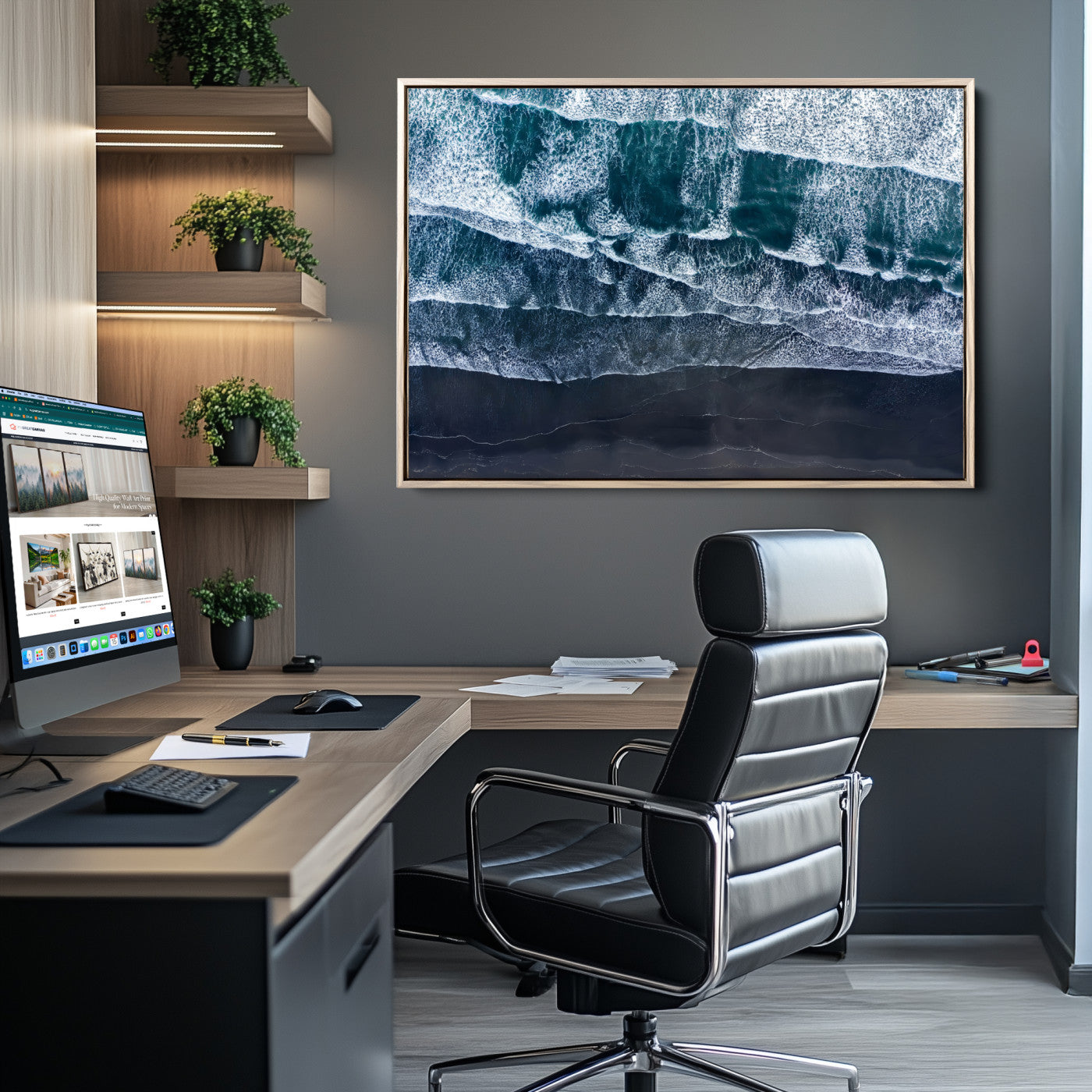 87941475-MGV-CV-36X24-Black Beach Wall Art Canvas Print – Framed Aerial Ocean View Moody Coastal Seascape Nature Artwork for Home Office