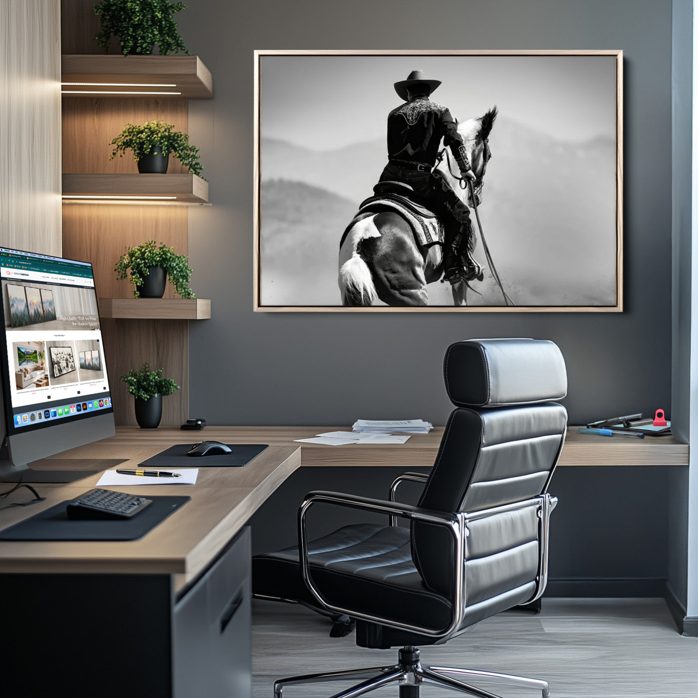 83102464-MGV-CV-36X24-Western Wall Art Canvas Print – Framed Cowboy and Horse Scene Artwork for Rustic Western Home, Office Decor