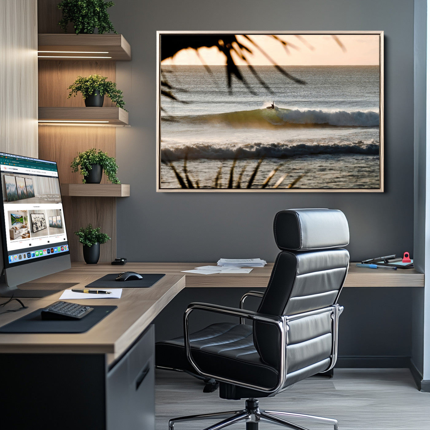 -Sunset Surf Wall Art Canvas Print, Framed Golden Hour Art Picture Print, Waves Perfect Boho Decor,