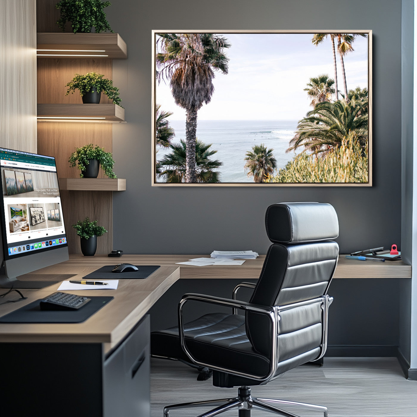 51404565-MGV-CV-36X24-Coastal Palm Trees Wall Art Canvas Print – Framed Ocean Breeze Tropical Scene Artwork for Relaxing Home, Office Decor