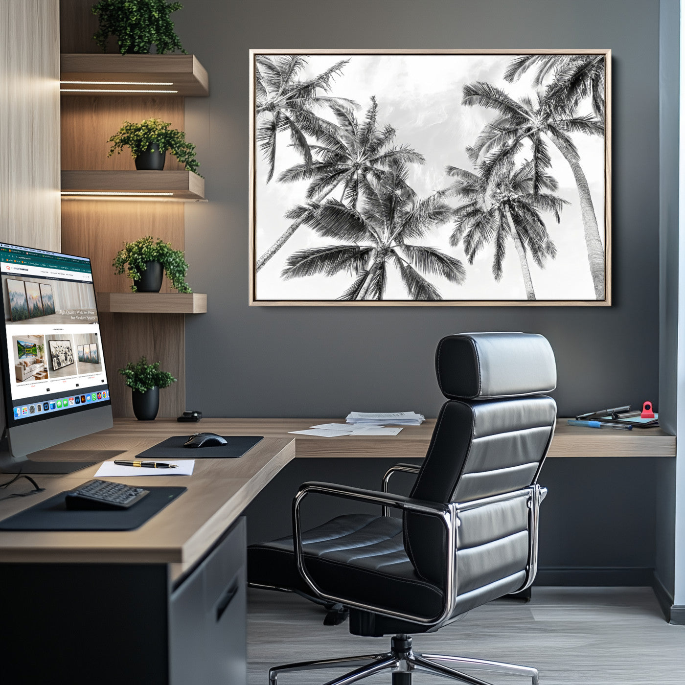 62113786-MGV-CV-36X24-Black and White Palm Wall Art Canvas Print – Framed Monochrome Tropical Beach Scene Artwork for Modern Home, Office Decor