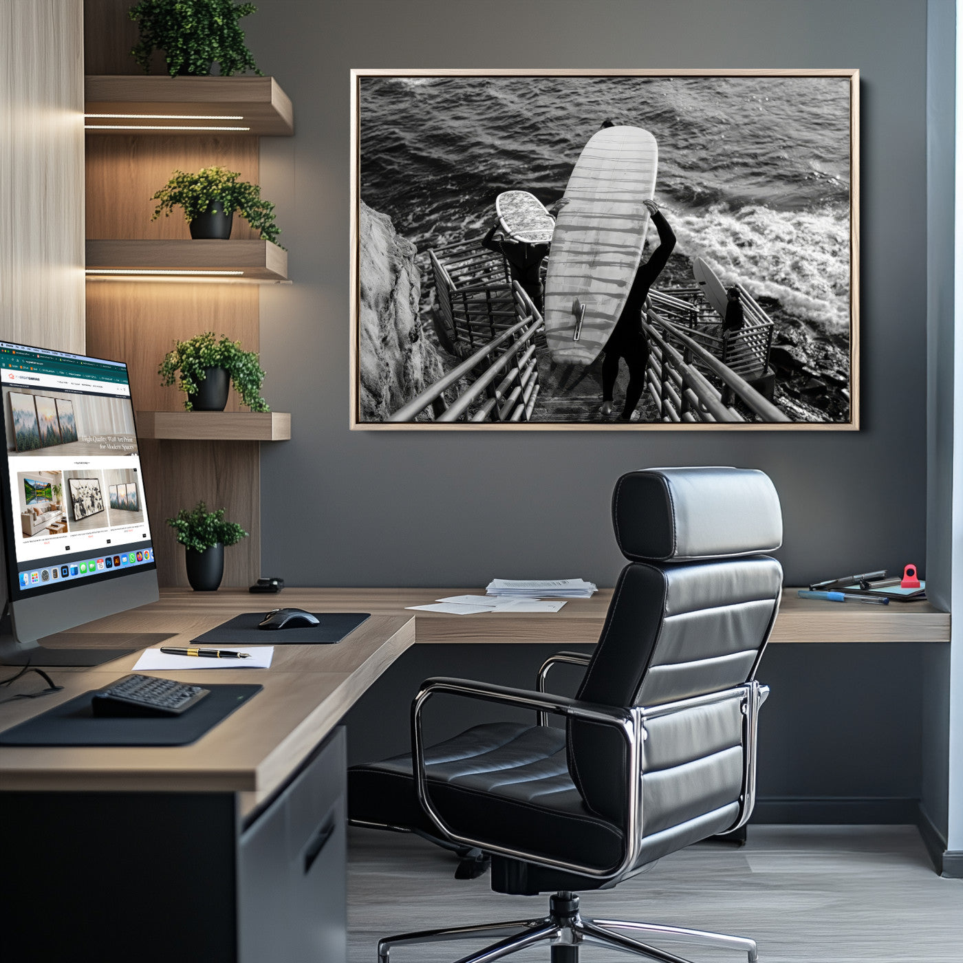 -Black White Surfing Wall Art Canvas Print – Framed Coastal Surfing Art Picture Wave Riders Artwork for Home, Office