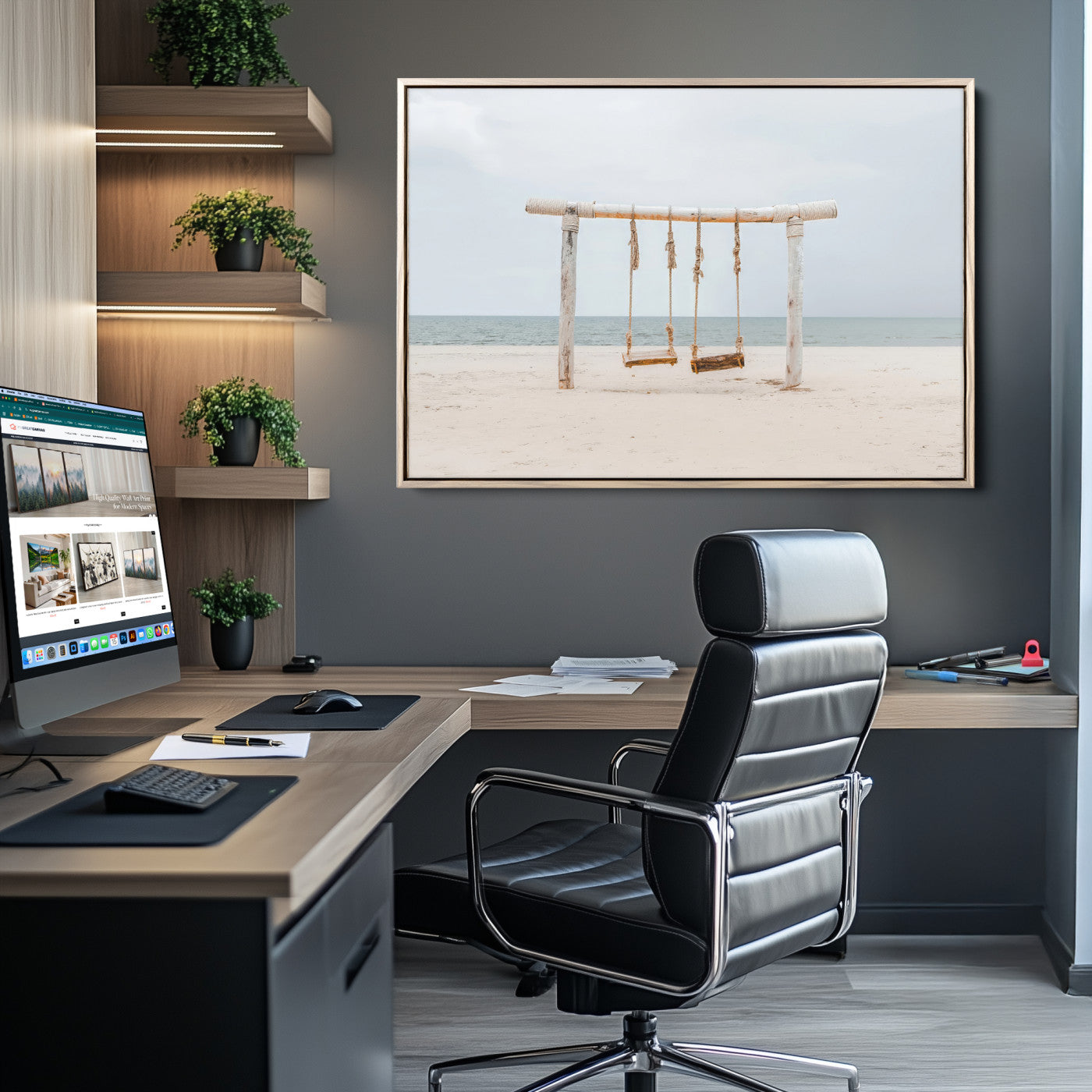 -Beach Swing Wall Art Canvas Print – Framed Quiet Beach Art Picture Calm Shoreline Artwork for Home, Office