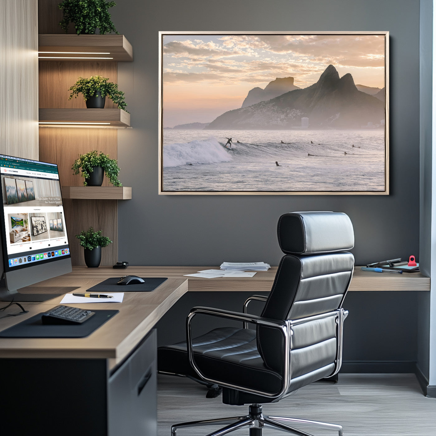 -Sunset Surfing Wall Art Canvas Print – Framed Misty Mountains with Surfer Riding Wave Artwork for Home, Office