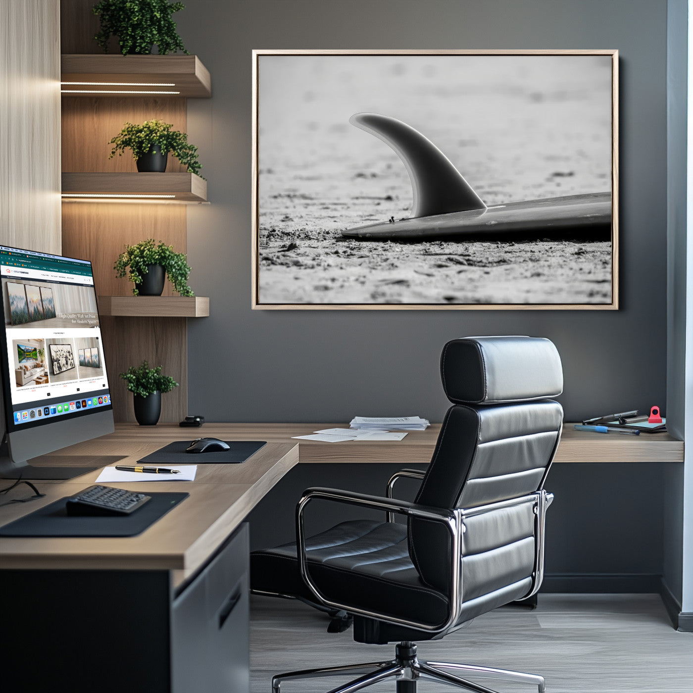 87750525-MGV-CV-36X24-Black White Surfboard Wall Art Canvas Print – Framed Minimalist Beach Art Picture Surf Fin Artwork for Home Office