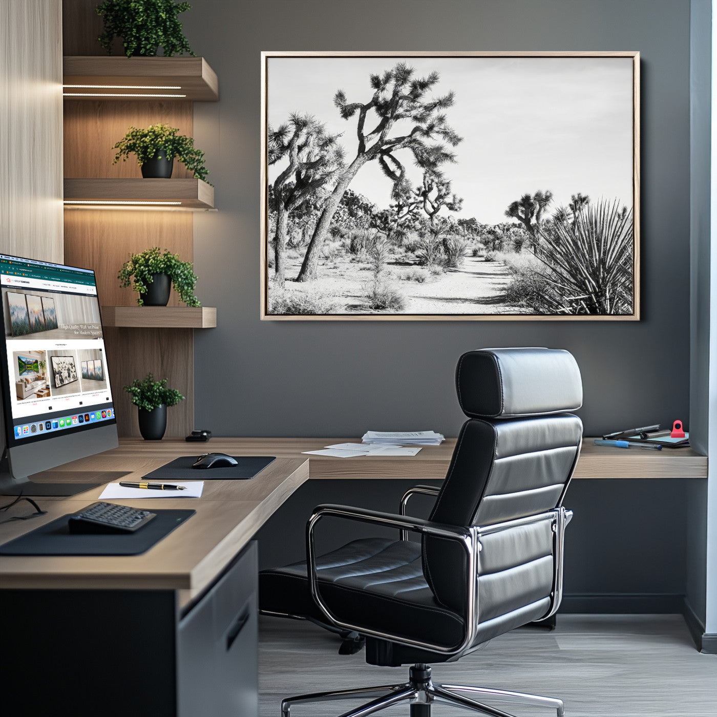 87750525-MGV-CV-36X24-Joshua Tree Wall Art Canvas Print – Framed Desert Path Art Picture Monochrome Desert Artwork for Home Office