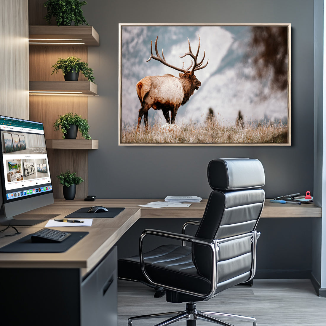 Elk Photography Wall Art Canvas Print, Framed Mountain Wildlife Art, Rustic Lodge Decor