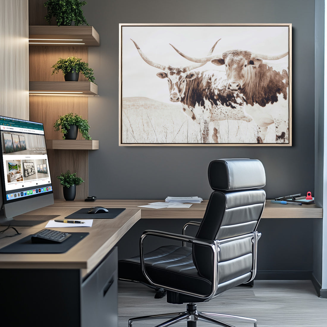 Longhorn Cow Wall Art Canvas Print, Framed Rustic Cattle Art, Sepia Western Decor