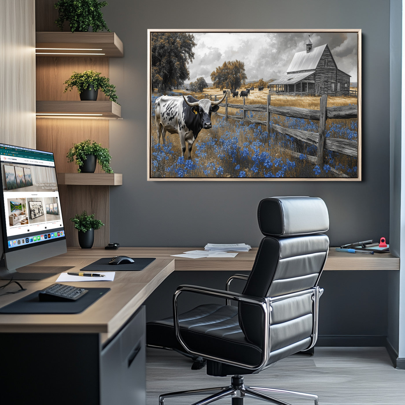 A Texas longhorn stands in front of a rustic barn and wooden fence, with bluebonnets and grazing cattle under dramatic skies.