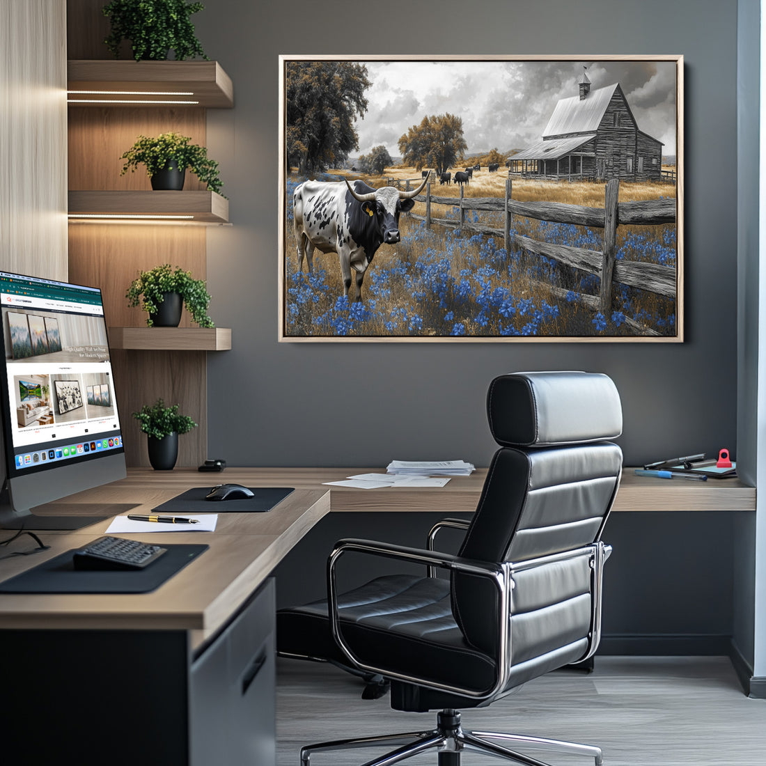 Longhorn Wall Art Canvas Print, Framed Texas Ranch Scene with Rustic Barn and Bluebonnets