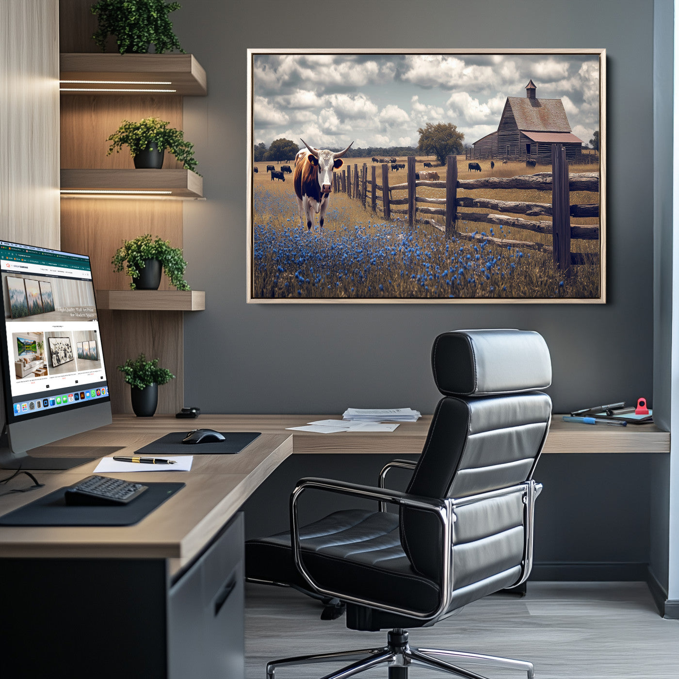 Framed canvas print of a Texas Longhorn near a rustic barn and fence, ideal for farmhouse or western-style home wall decor.