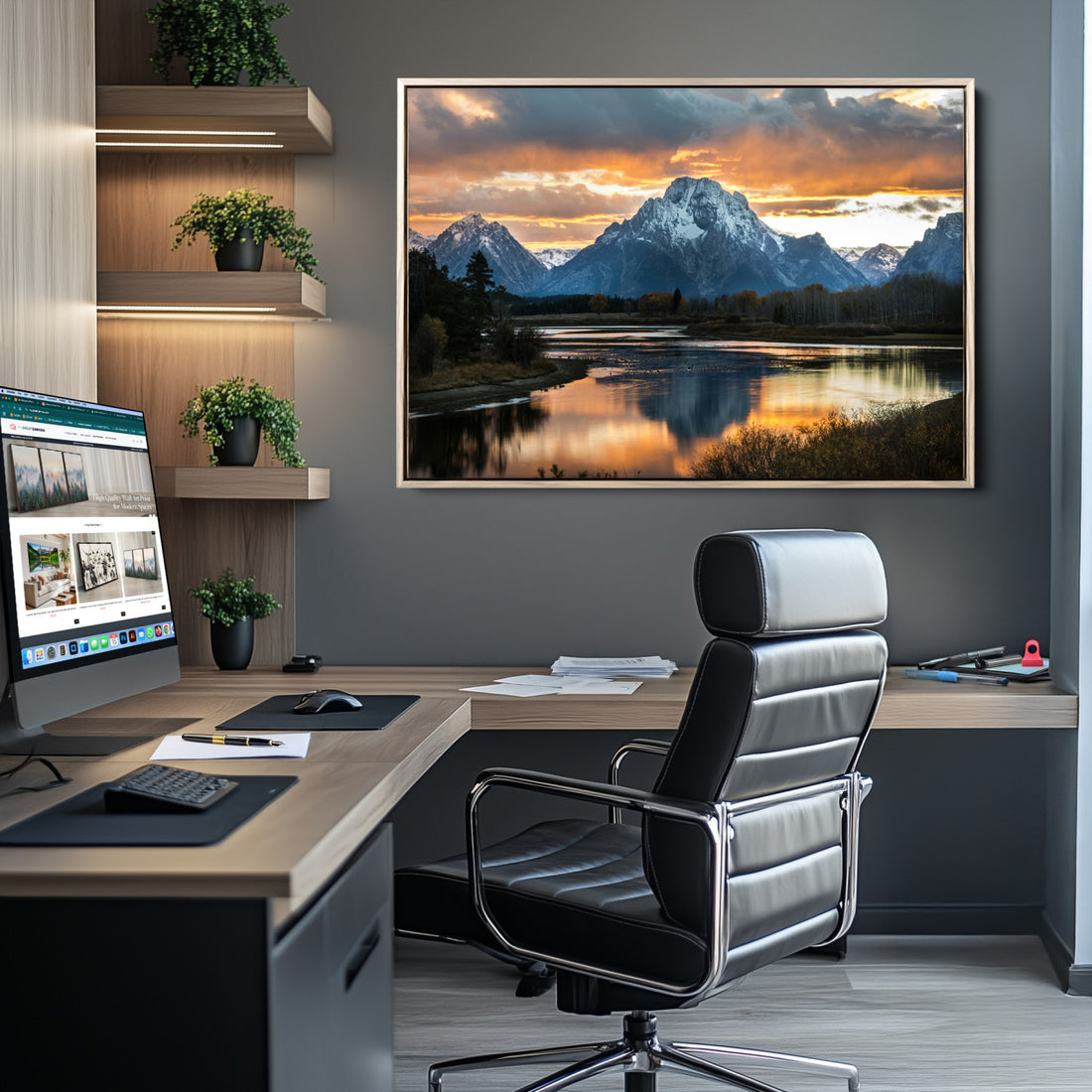 Mountain Sunset Wall Art Canvas Print, Framed Alpine Wilderness Art, Golden Hour Lake