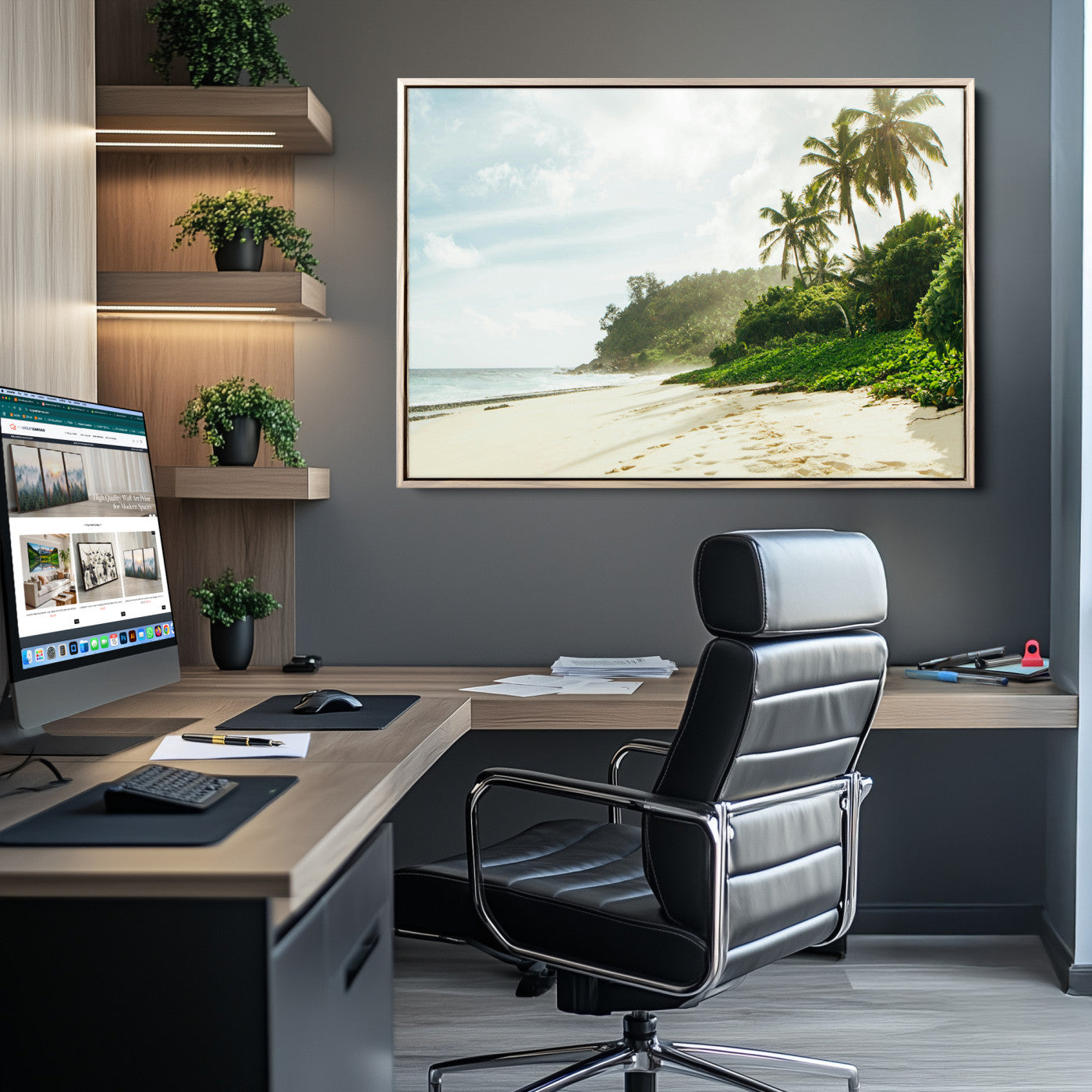 A tropical beach with palm trees, soft sand, and ocean waves under a bright sky, creating a peaceful and relaxing coastal view.