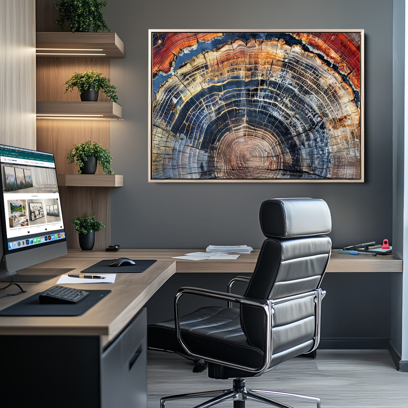 60292921-MGV-CV-36X24-Tree Rings Wall Art Canvas Print – Framed Wood Art Picture Petrified Wood Artwork for Home, Office, Living Room