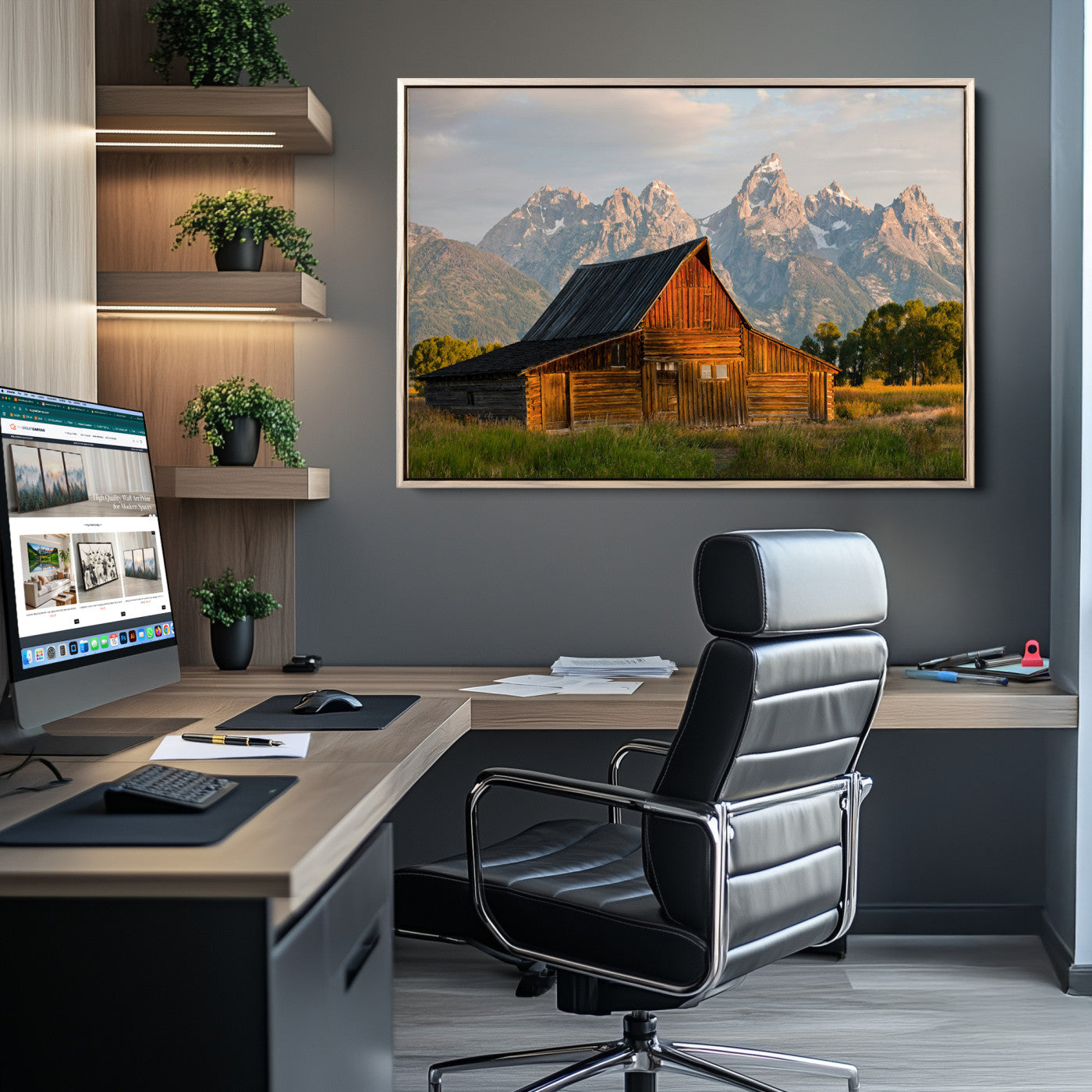 Rustic wooden barn set against towering mountain peaks under warm golden light, creating a peaceful Western countryside scene.