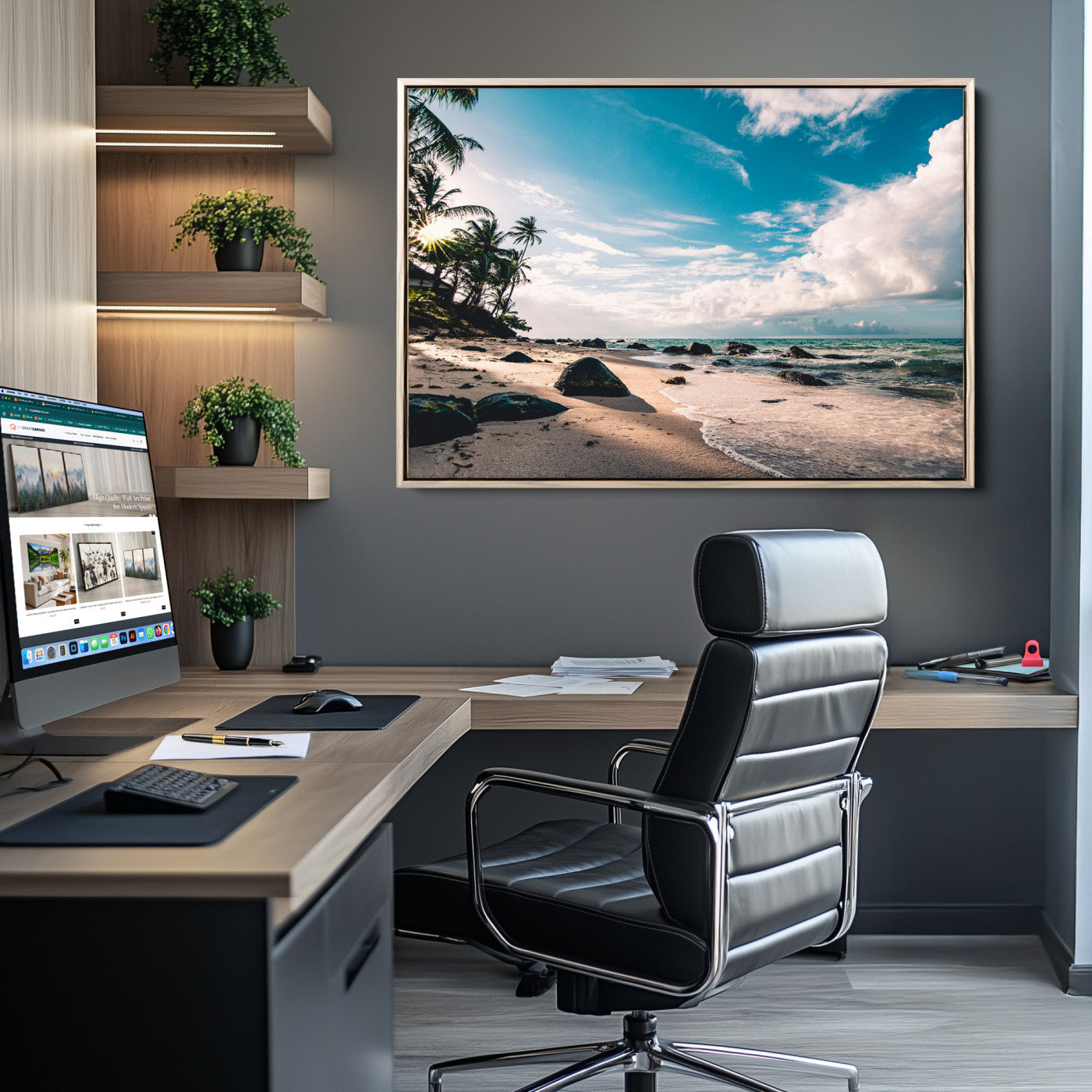 Scenic tropical beach with palm trees, ocean waves, and rocky shoreline under a bright blue sky, creating a serene coastal vibe.