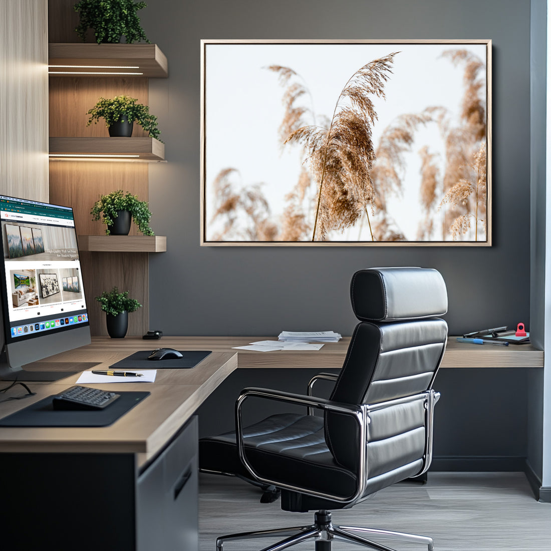 Pampas Grass Wall Art Canvas Print, Framed Neutral Tones, Boho Minimalist Nature Decor