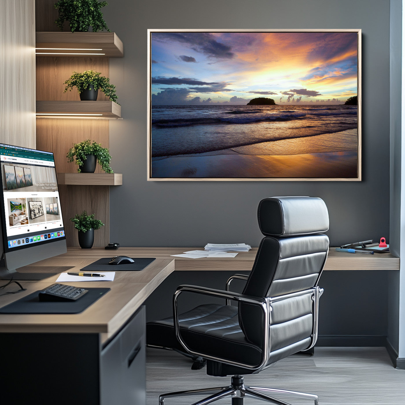 36714356-MGV-CV-36X24-Beach Sunset Wall Art Canvas Print – Tropical Ocean Waves Golden Sky Serene Seascape Nature Artwork for Home Office