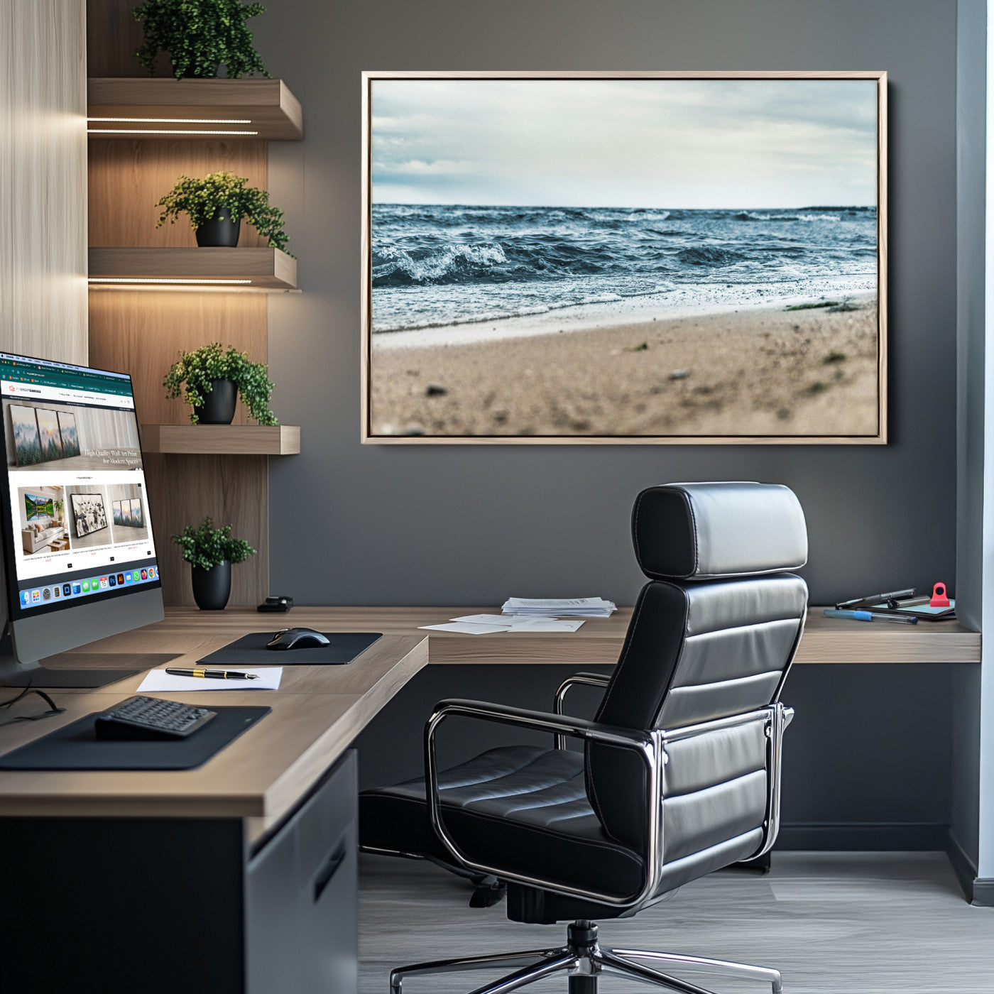 81812590-MGV-CV-36X24-Ocean Wall Art Canvas Print – Moody Coastal Seascape Scene Framed Beach Waves Nature Artwork for Home Office