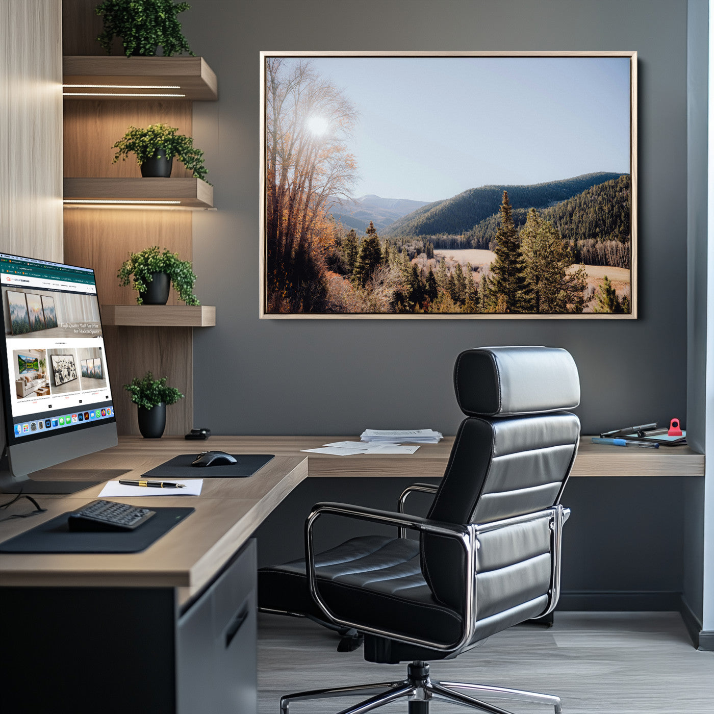 52941305-MGV-CV-36X24-Rustic Landscape Wall Art Canvas Print – Serene Valley Scene Pine Tree Horizon Nature Artwork for Home Office