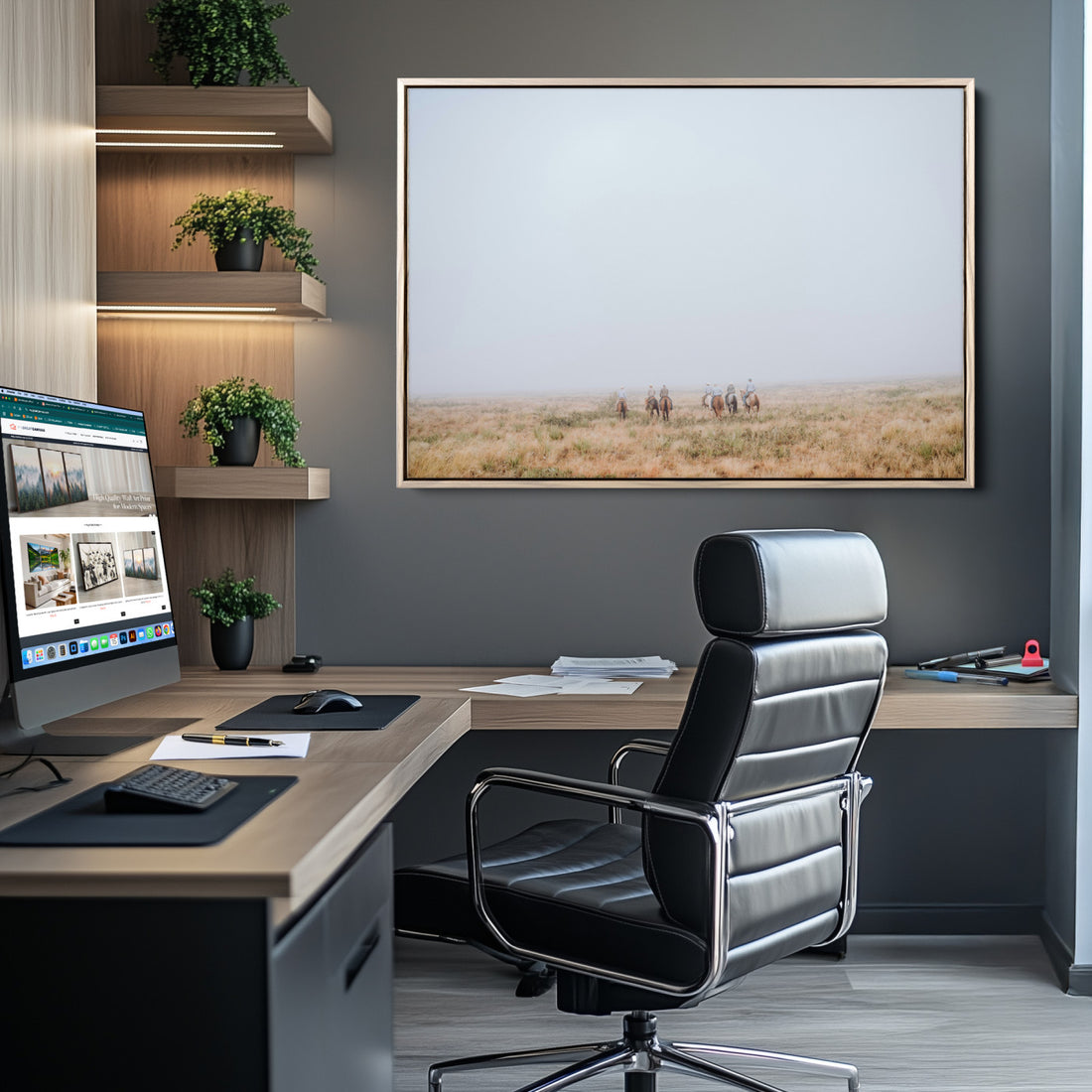 Foggy Plains Wall Art Canvas Print, Framed Horseback Riders Rustic Western Scene