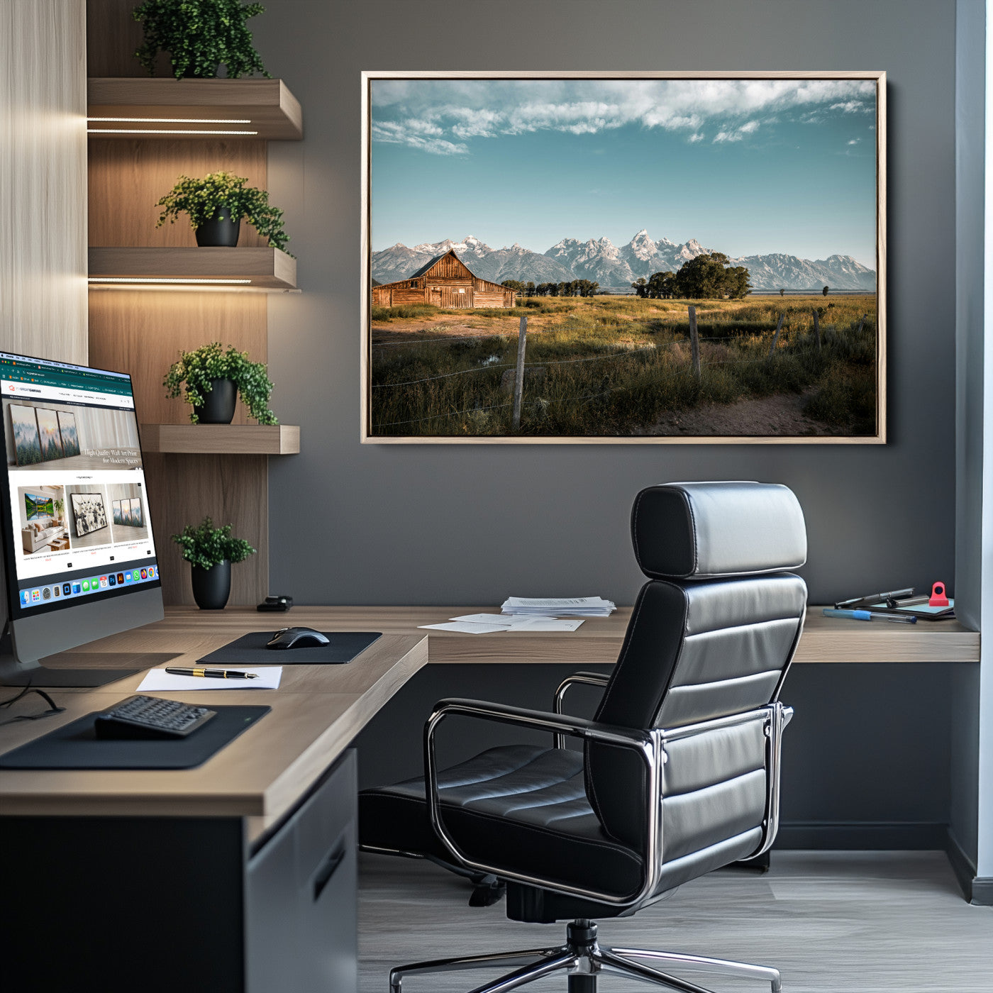 A rustic farmhouse with a wooden barn set against majestic mountain peaks under a soft blue sky, evoking peaceful countryside charm.