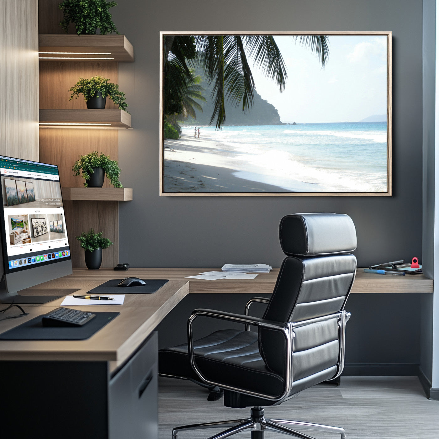 -Tropical Beach Wall Art Canvas Print – Framed Serene Ocean Scene Palm Tree Shadows Coastal Nature Artwork for Home Office