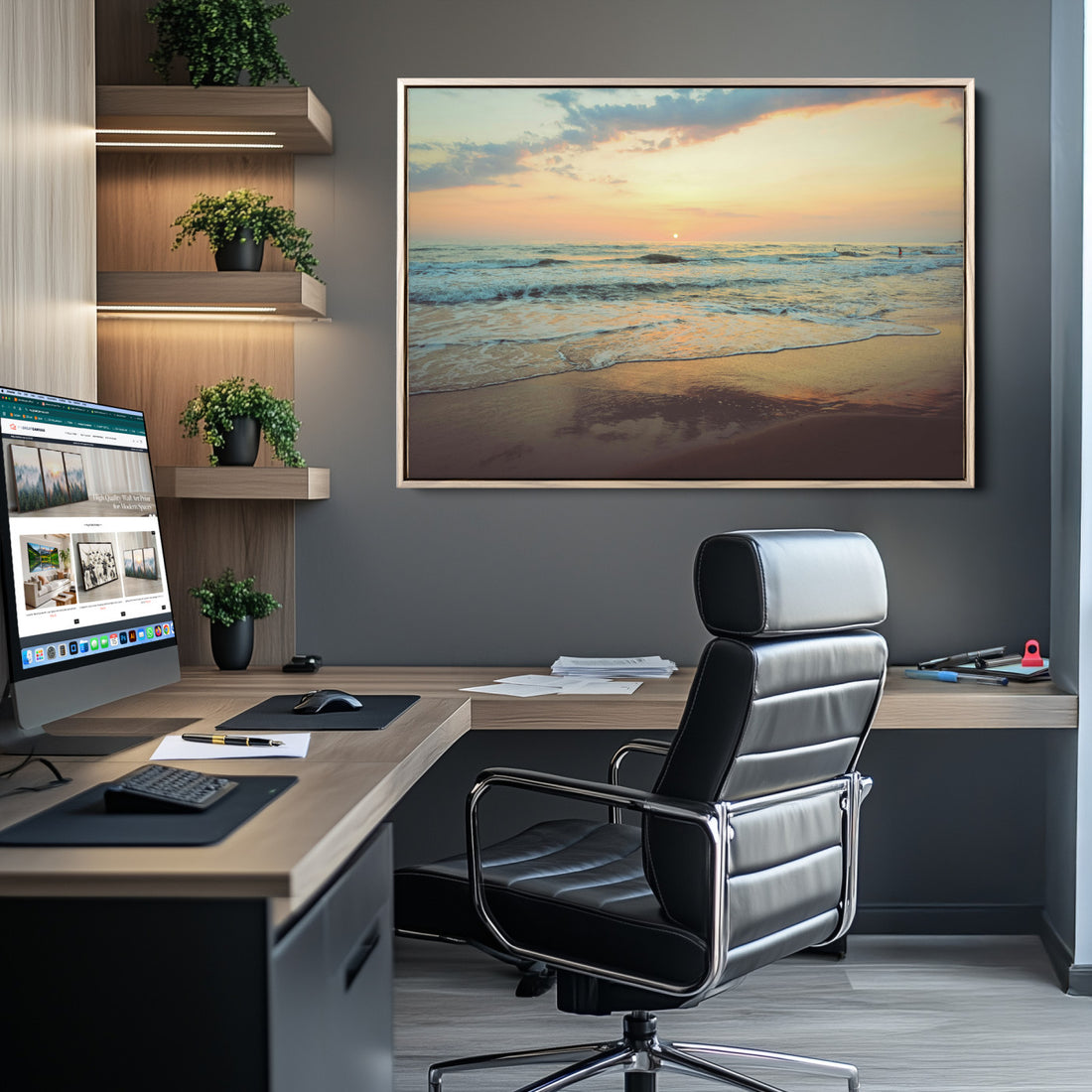 Sunset Seascape Wall Art Canvas Print, Framed Pastel Ocean View with Tranquil Shoreline