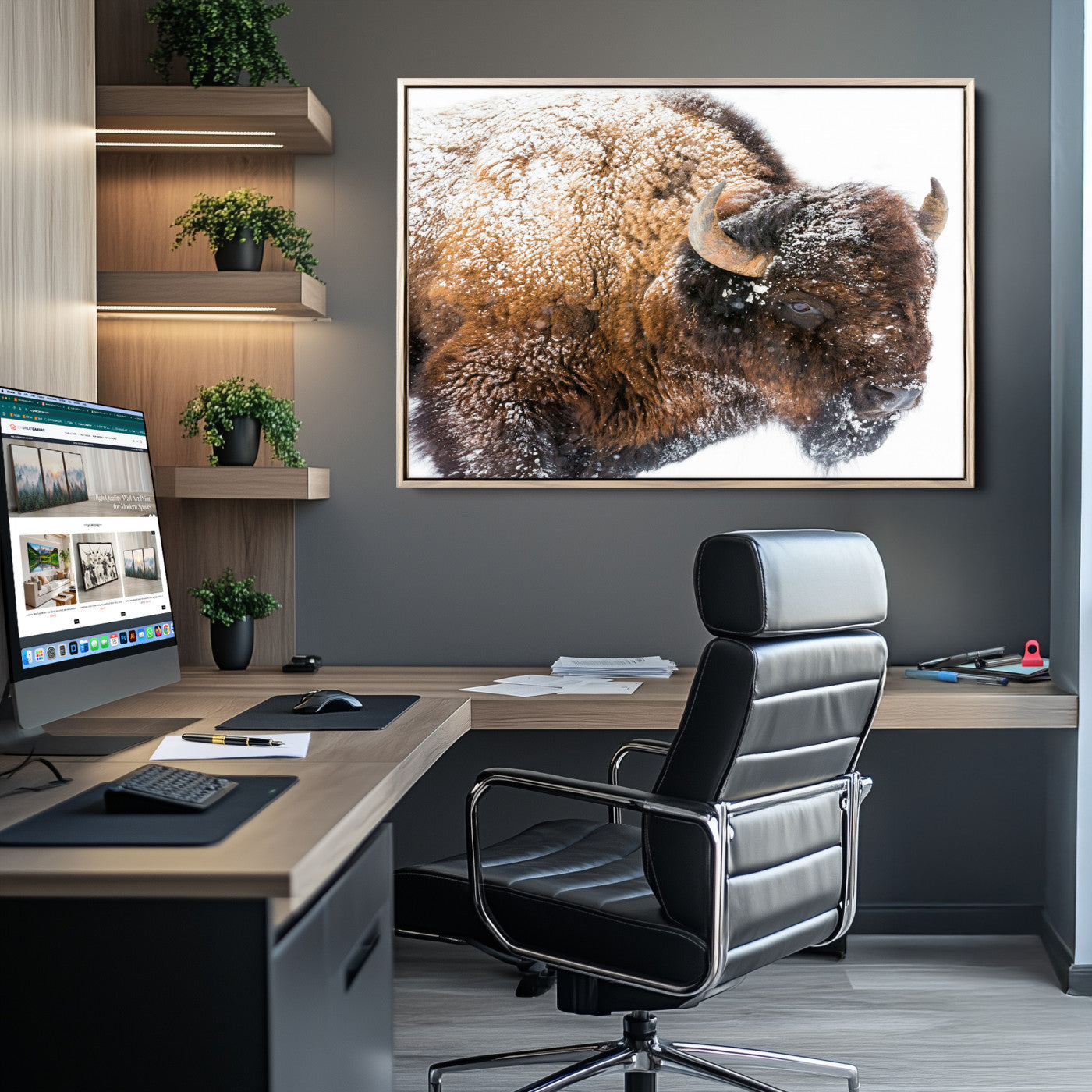 Close-up photograph of a bison covered in snow, highlighting its thick fur and powerful presence, set against a white winter backdrop, ideal for rustic decor.
