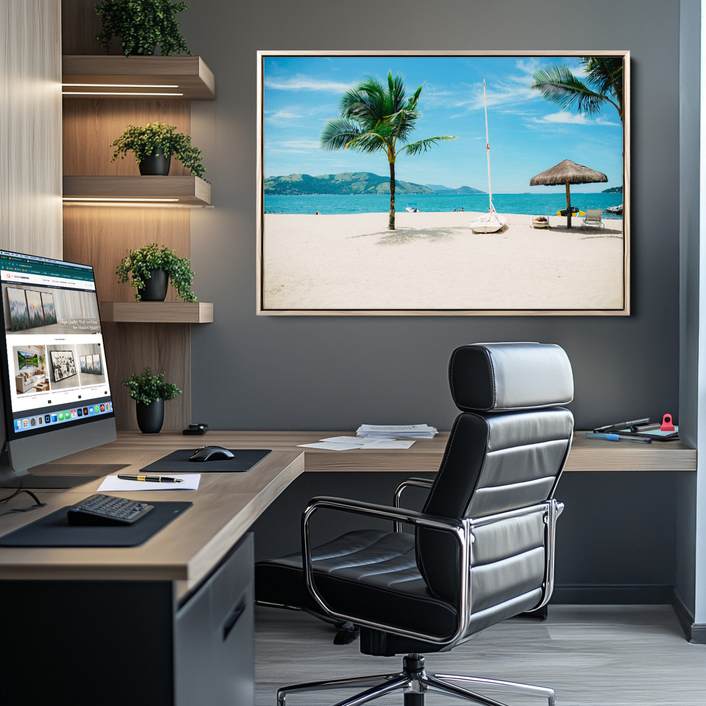 Tropical beach scene with palm trees, a white sailboat, and turquoise ocean waters under a bright blue sky, creating a peaceful summer vibe.