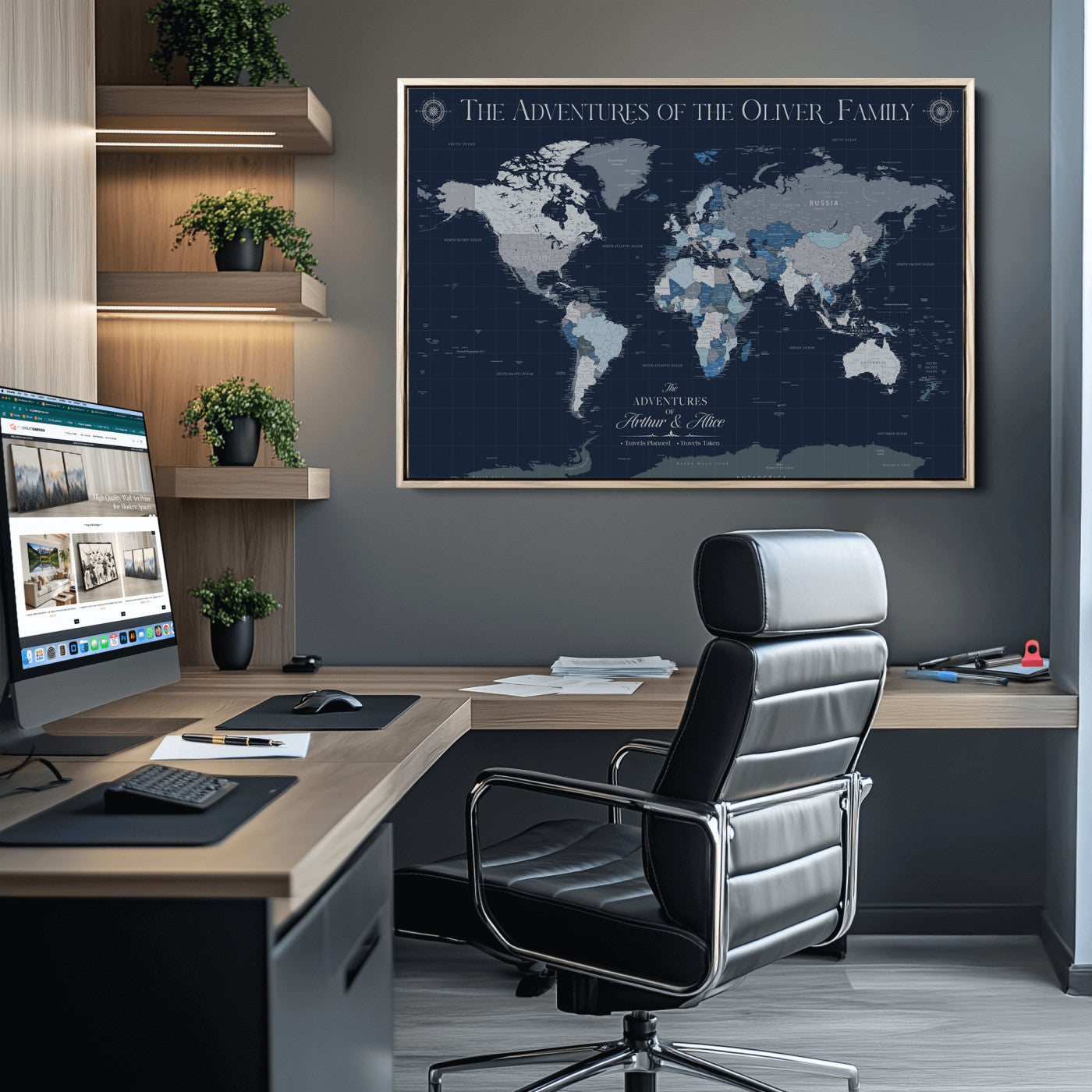 -Personalized Family Adventure World Map – Custom Framed Push Pin Travel Tracker Canvas, Elegant Wall Art for Home, Office