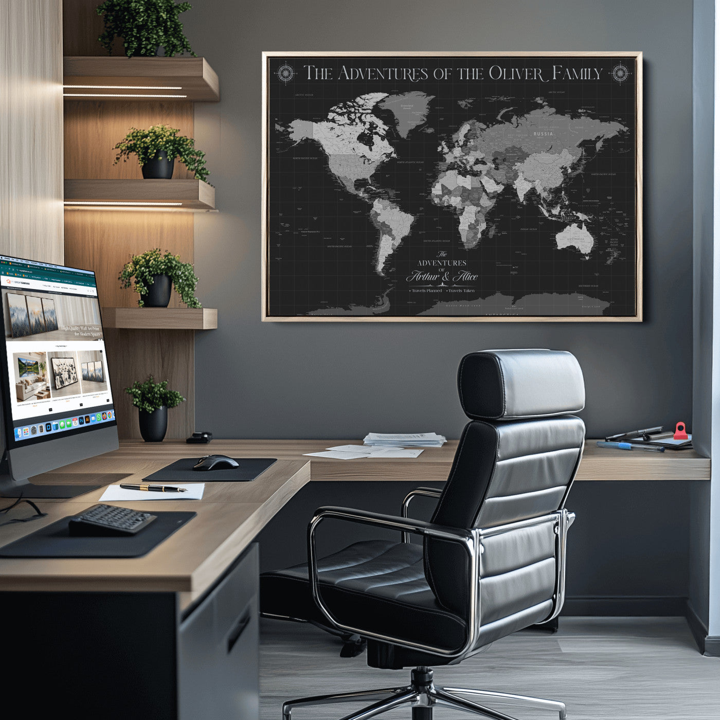 -Personalized Family World Map Canvas – Custom Framed Push Pin Travel Tracker, Modern Adventure Wall Art for Home, Office