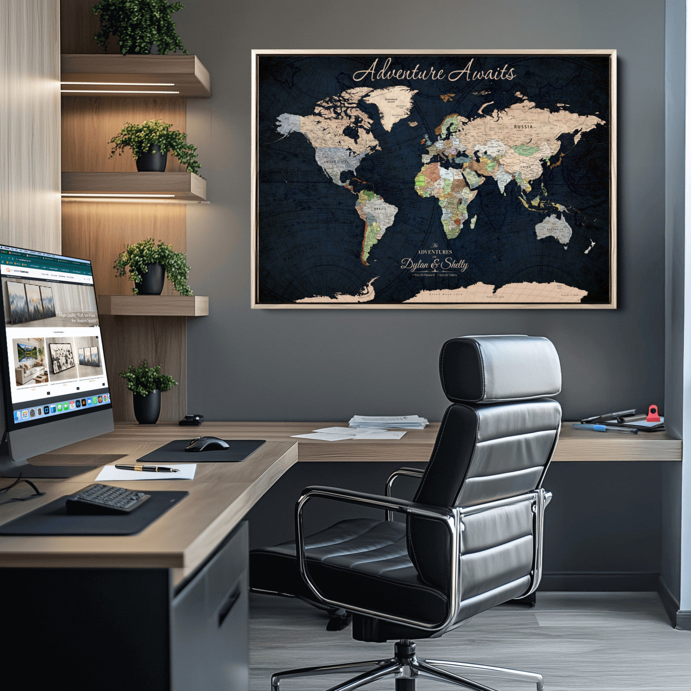 Rehber01-MGV-CV-36X24-Personalized World Map Canvas Print – Framed Push Pin Travel Wall Art for Couples – Adventure & Anniversary Gift