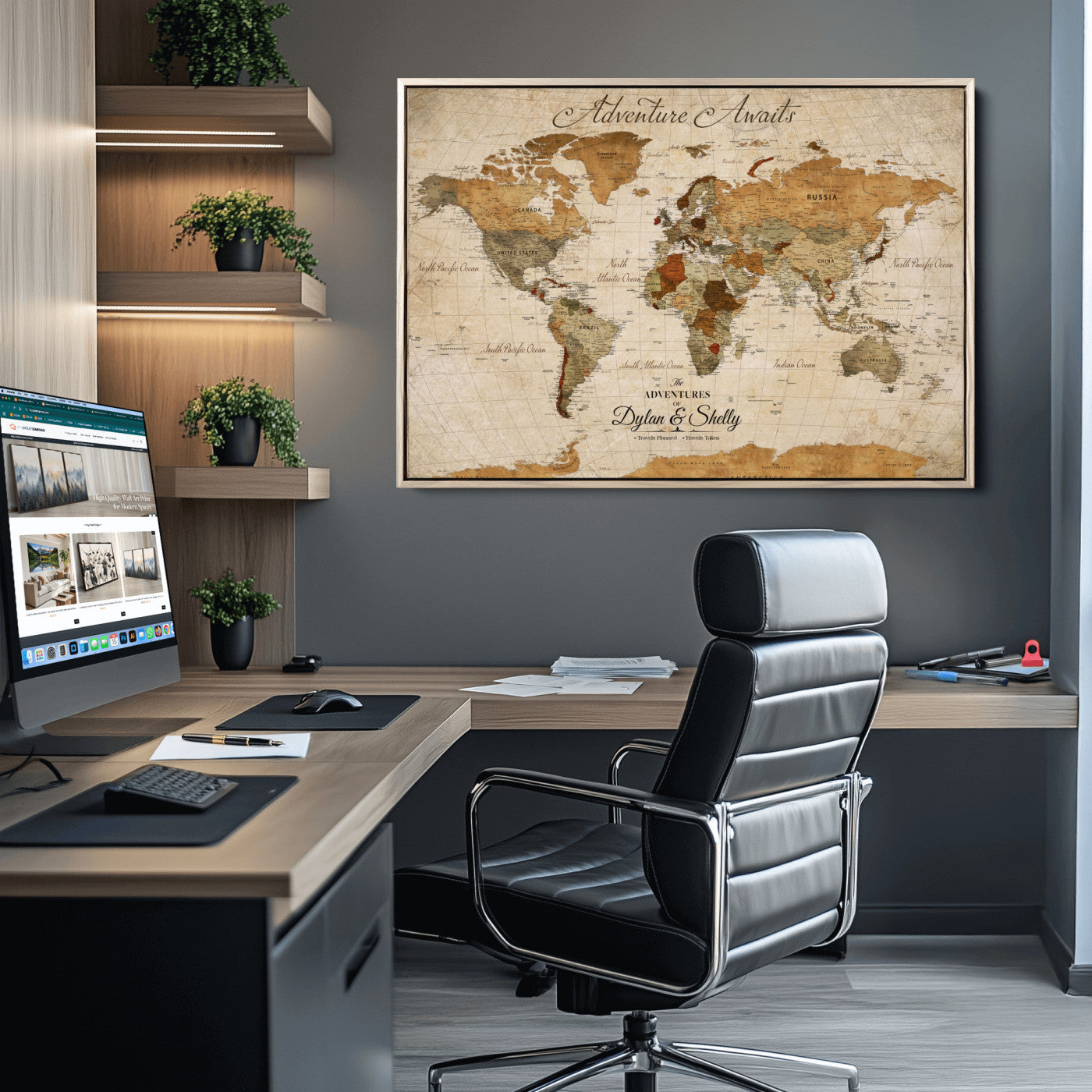 -Personalized Push Pin World Map Canvas Print – Custom Adventure Travel Map, Framed Wall Art Gift for Couples or Family