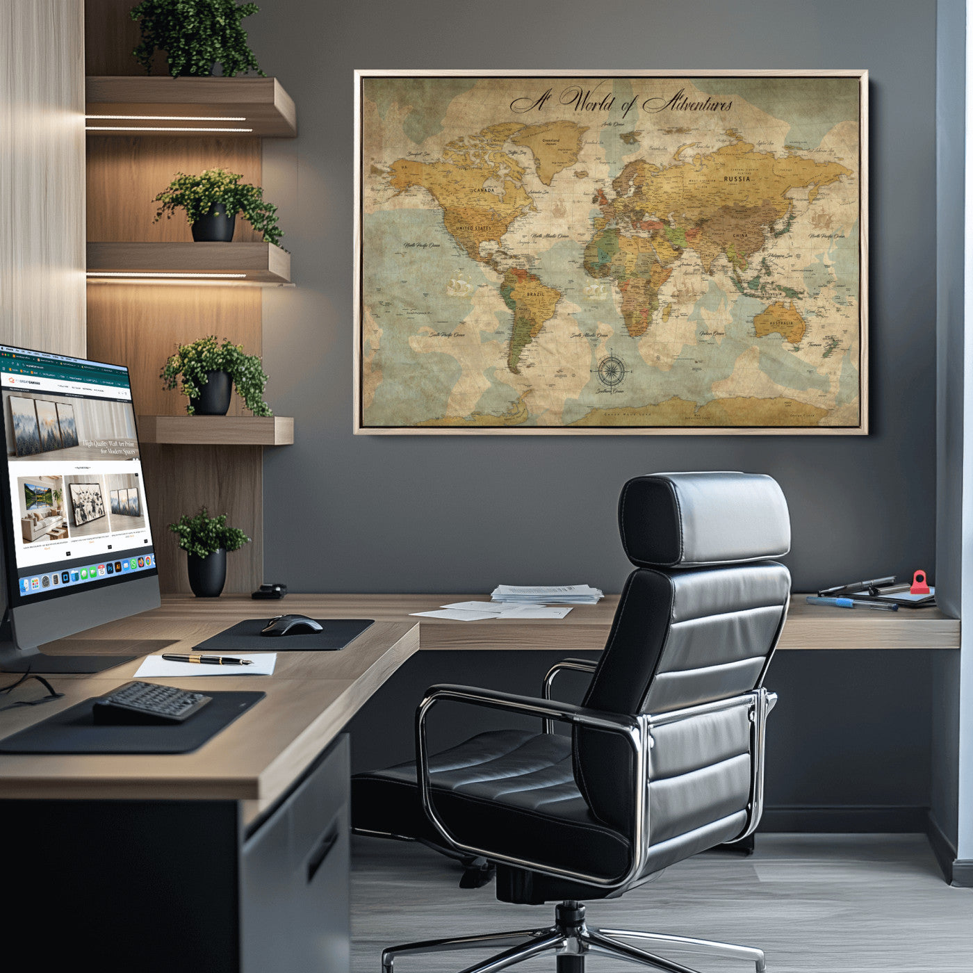 Rehber01-MGV-CV-36X24-Personalized World Map Canvas – Custom Framed Push Pin Travel Map Wall Art, Vintage Style Gift for Couples or Families