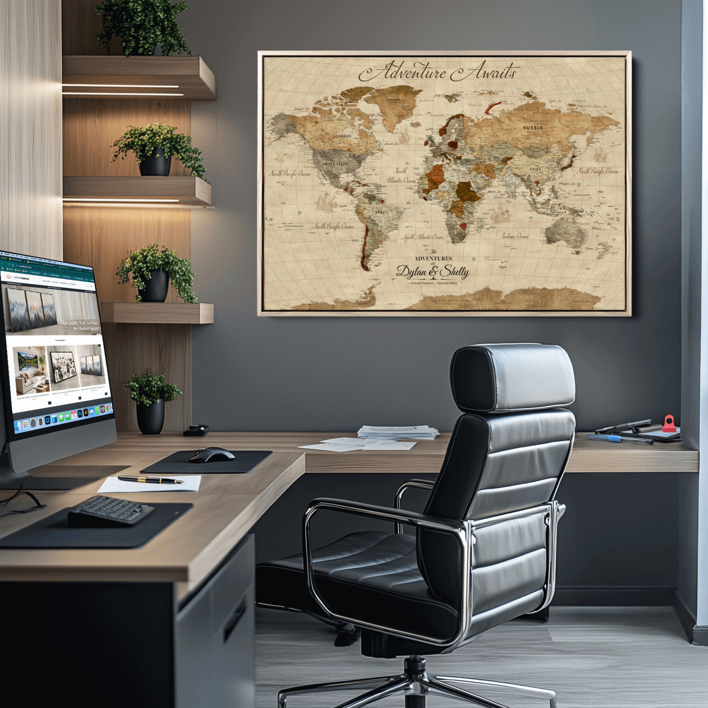 Rehber01-MGV-CV-36X24-Personalized World Map Canvas – Custom Framed Push Pin Travel Map Wall Art with Names, Vintage Style Gift for Couples