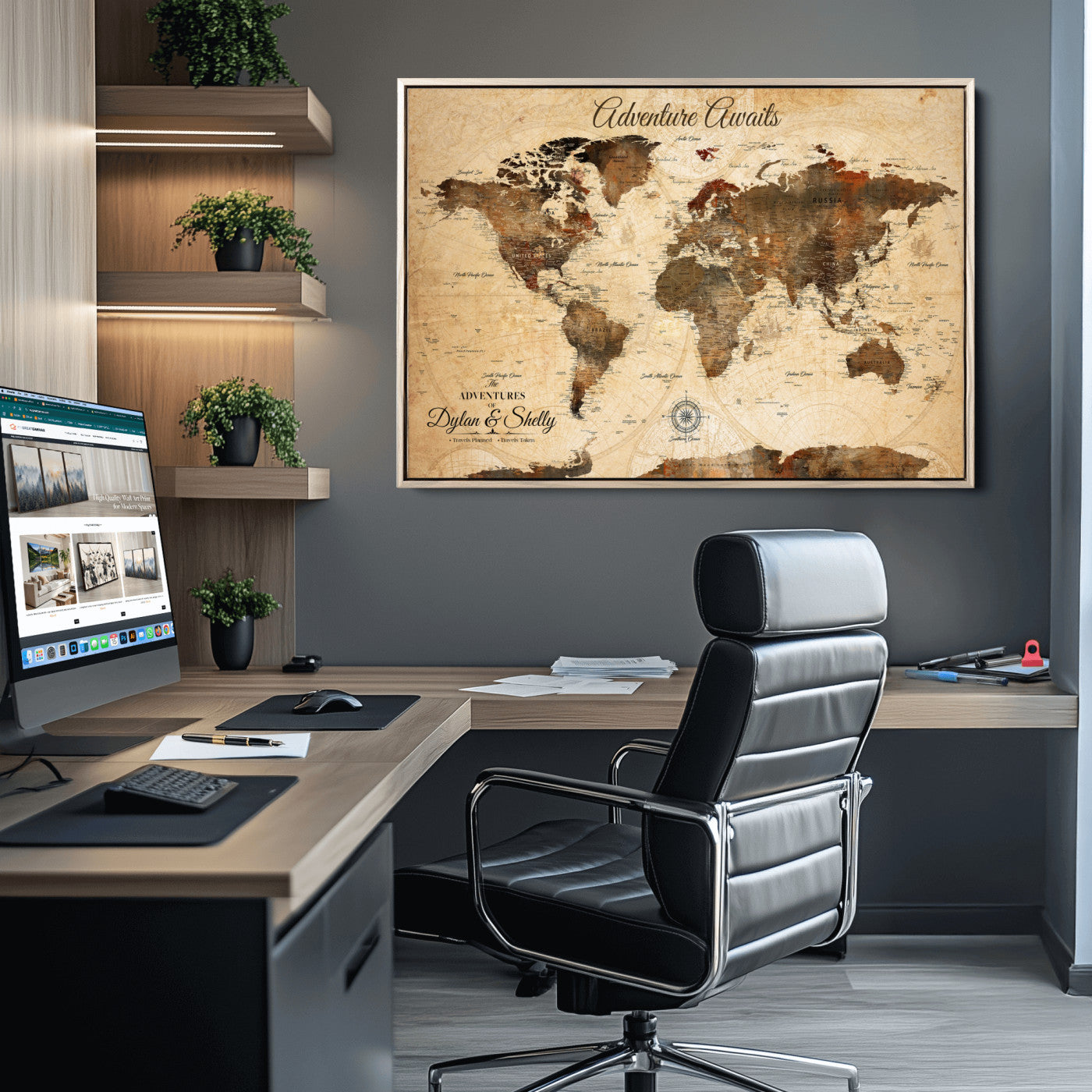 Rehber01-MGV-CV-36X24-Personalized World Map Canvas Wall Art – Custom Framed Push Pin Travel Tracker Print, Unique Gift for Home or Office Decor