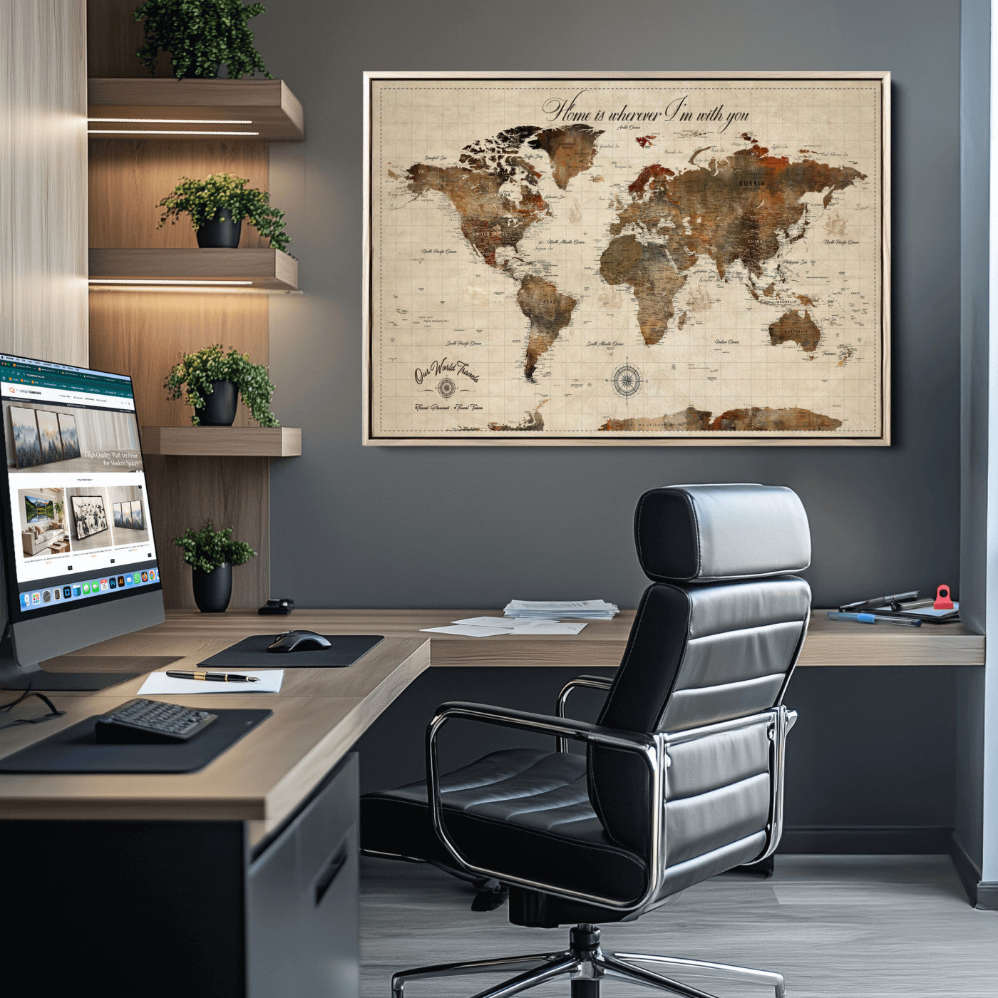 Rehber01-MGV-CV-36X24-Personalized World Map Canvas Wall Art – Custom Framed Push Pin Travel Tracker Print, Unique Gift for Home or Office Decor