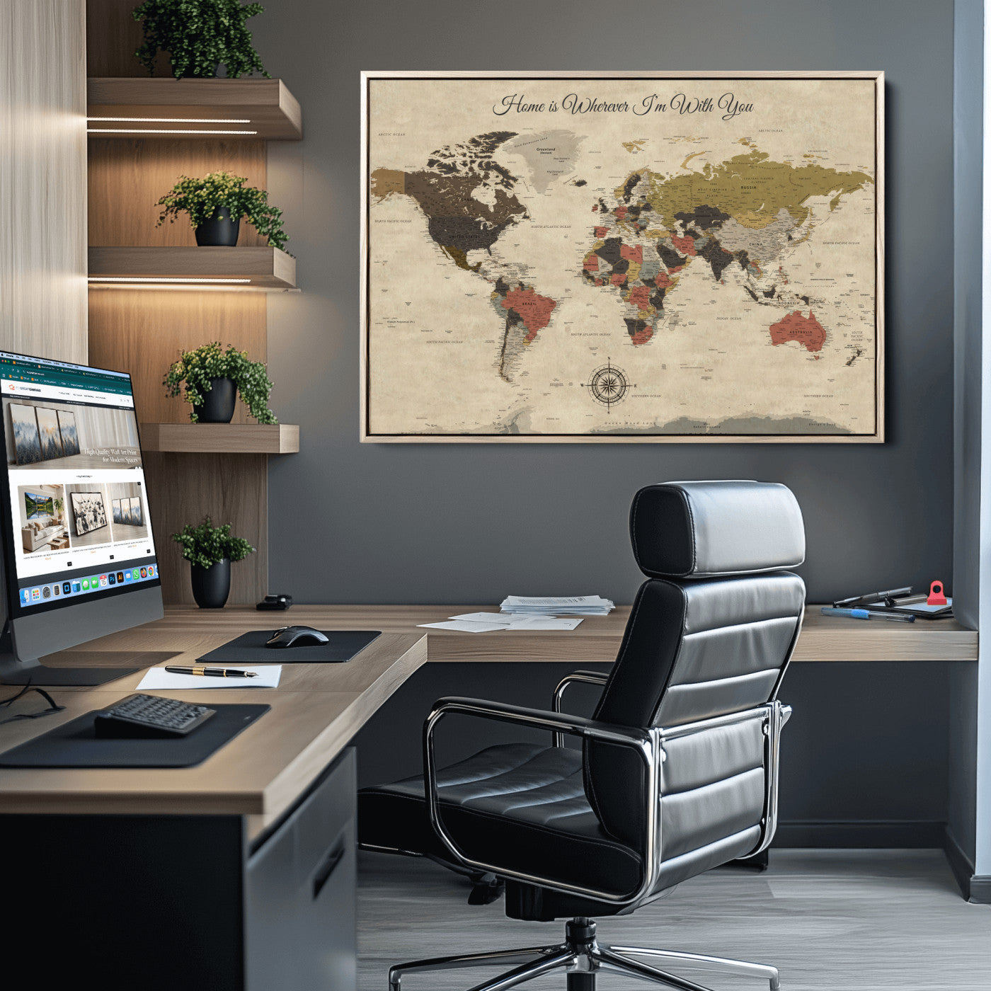 -Personalized World Map Wall Art Canvas Print – Customizable Push Pin Framed Travel Map Artwork for Home Office