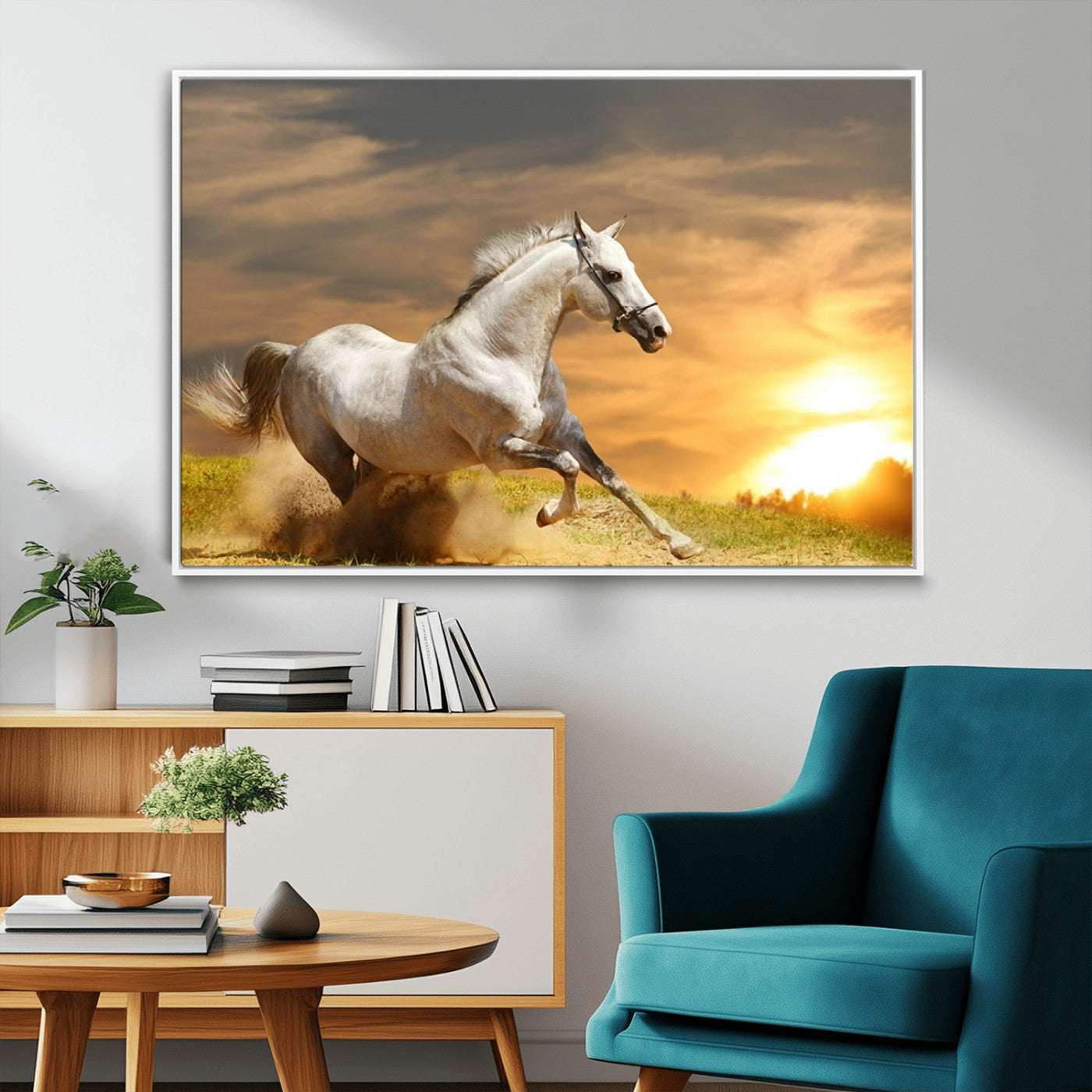 -Large Wall Art Galloping White Horse at Sunset Canvas Print